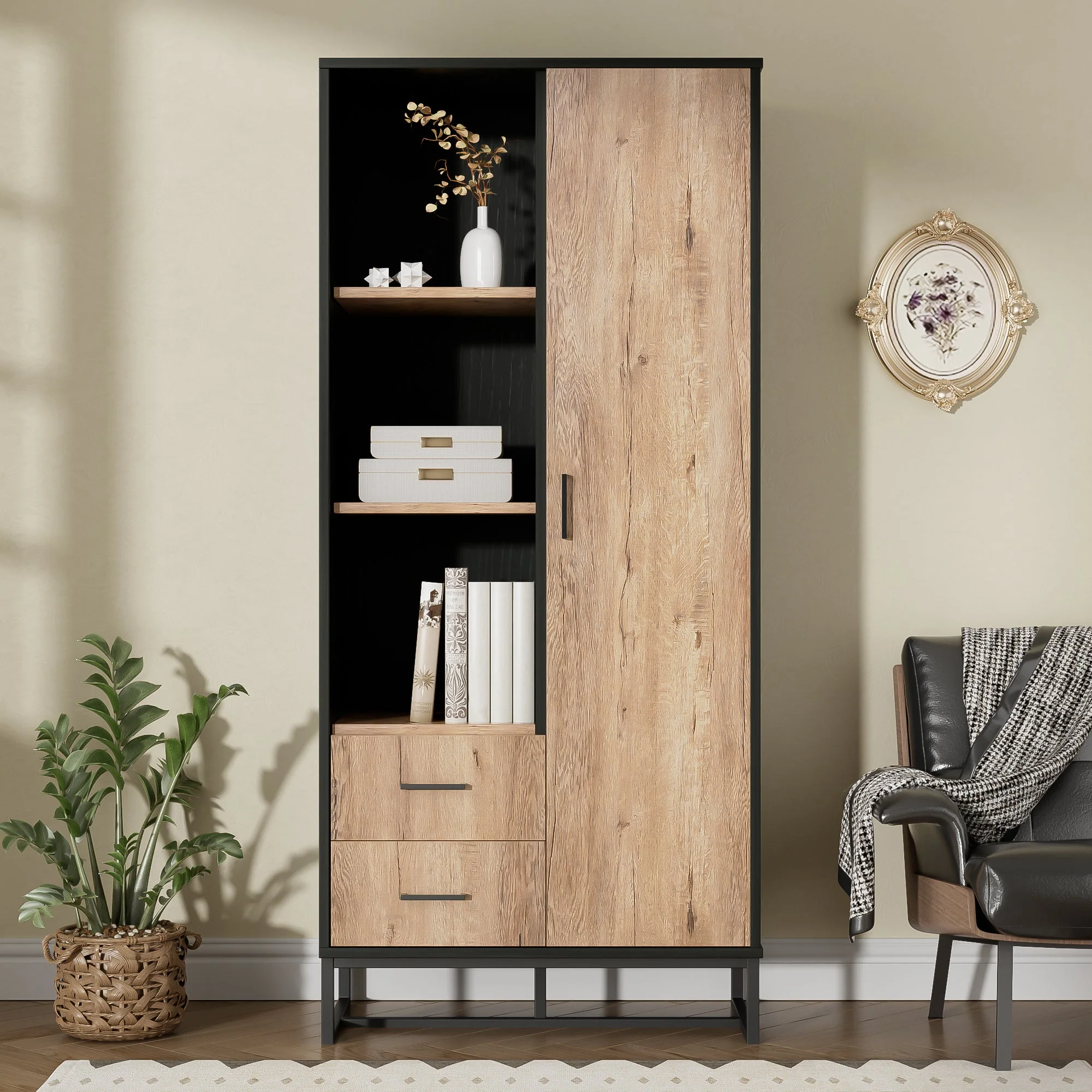 Highboard Cabinet with Door, 2 Drawers & 3 Open Compartments, Wood Look & Black Frame - Image 9
