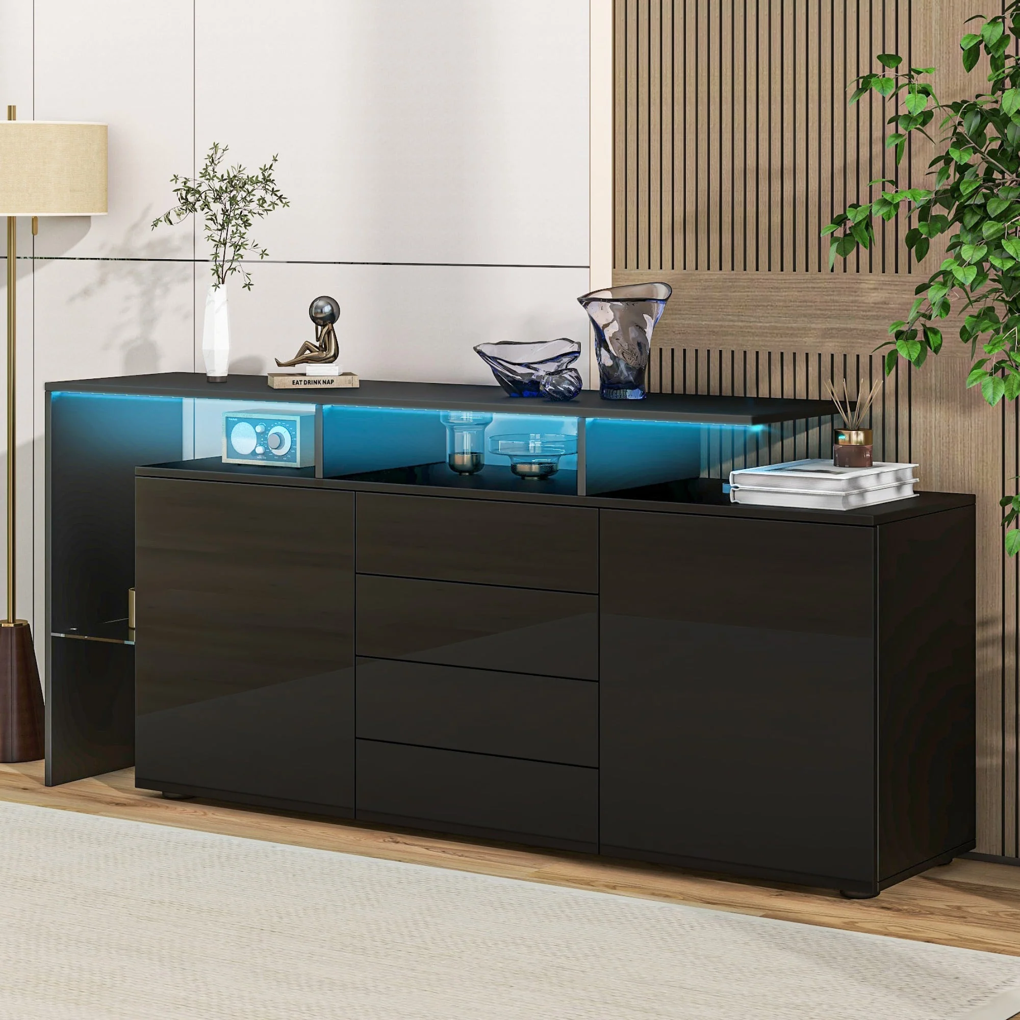 Highboard Sideboard with LED Lighting High-Gloss - Black - Image 3