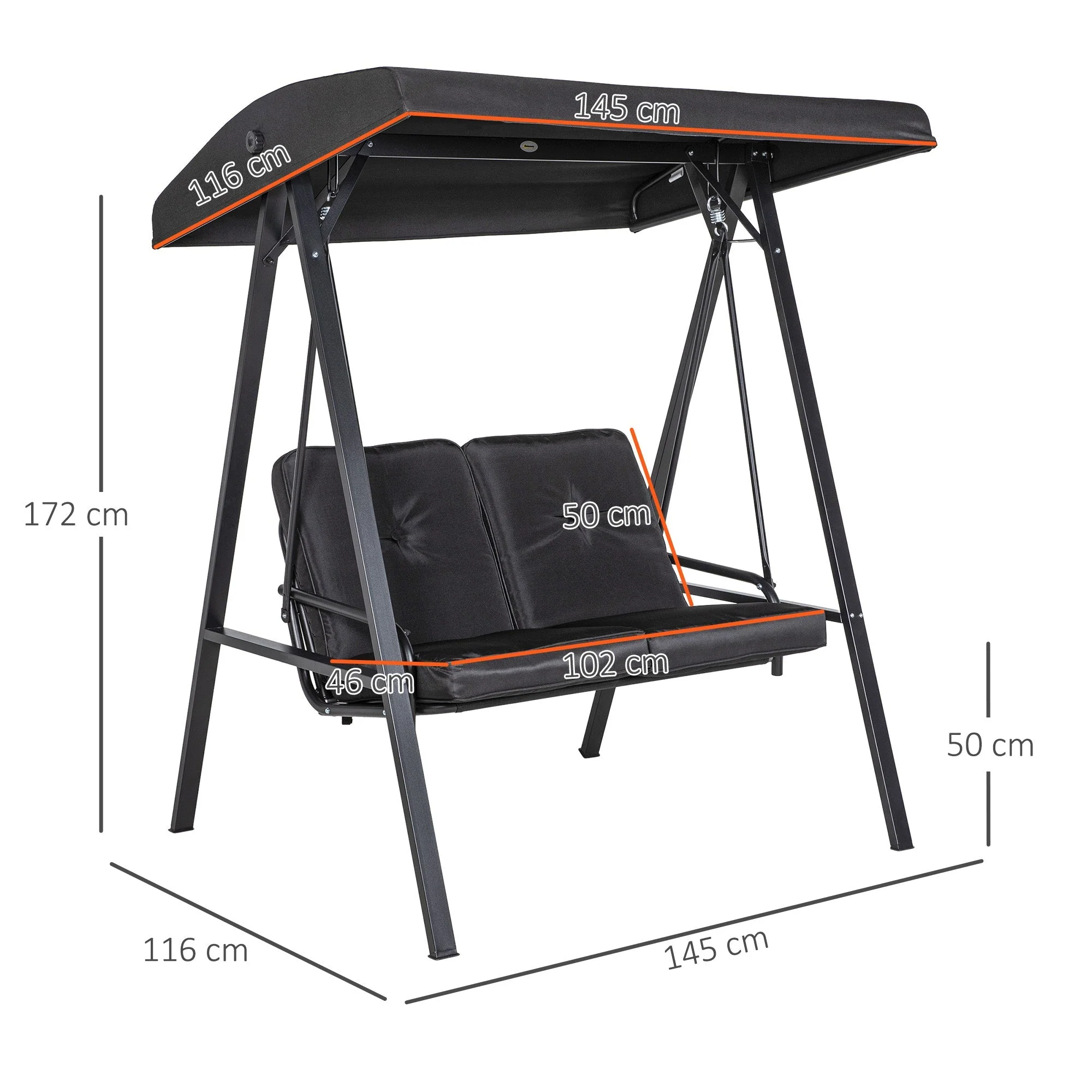 Hollywood Swing 2-Seater Garden Swing Adjustable Canopy 220kg Load Capacity, Black - Image 3