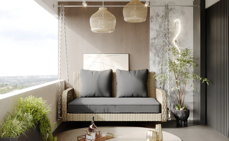 Hollywood Swing 2-Seater Outdoor Rattan, Beige/Grey Cushion - Image 2