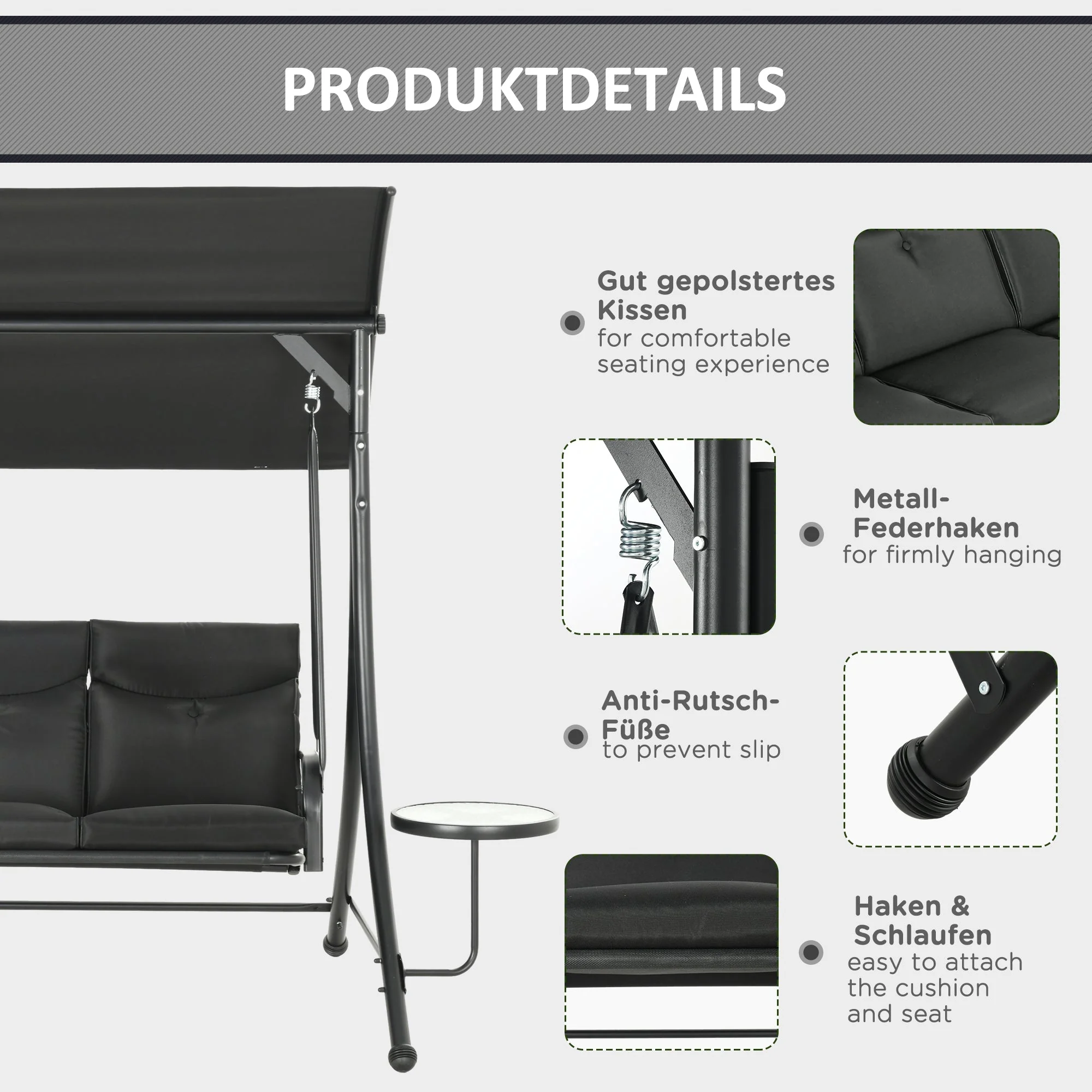 Hollywood Swing 3-Seater with Coffee Tables Adjustable Sunshade 300kg Capacity, Black - Image 6