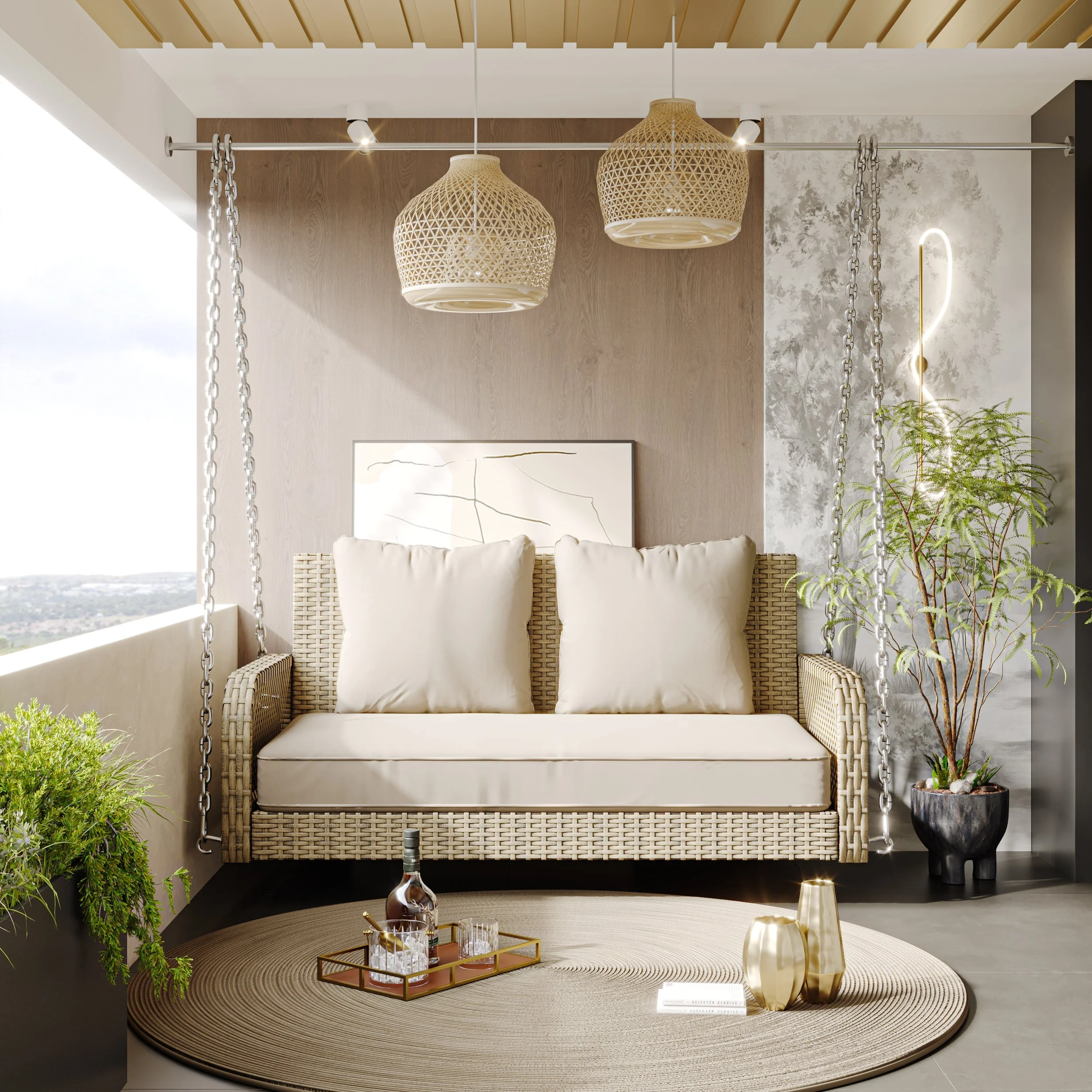 Hollywood Swing Garden Set 2-Seater Outdoor Rattan with Removable Cushions, Beige
