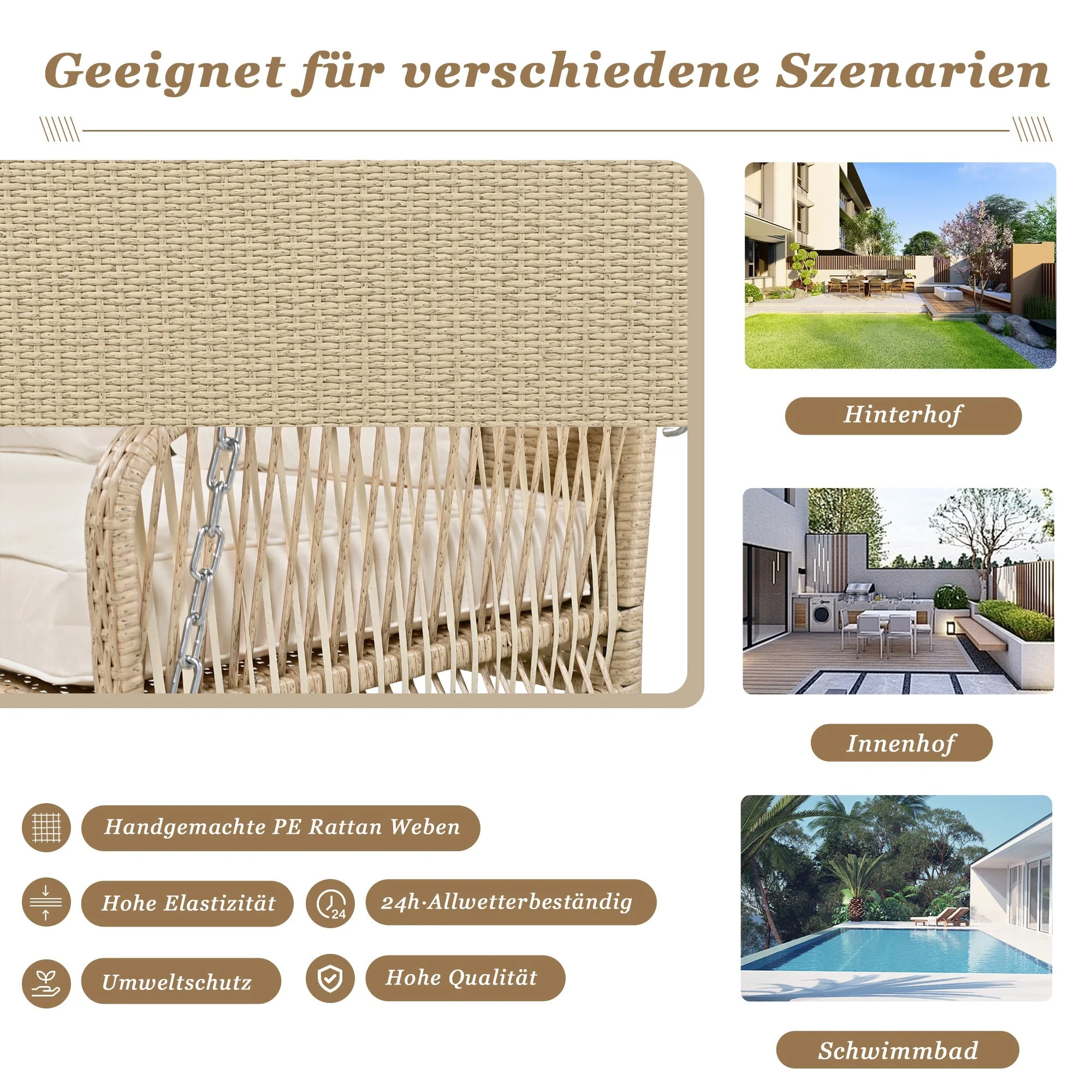 Hollywood Swing Garden Set 2-Seater Outdoor Rattan with Removable Cushions, Beige - Image 7