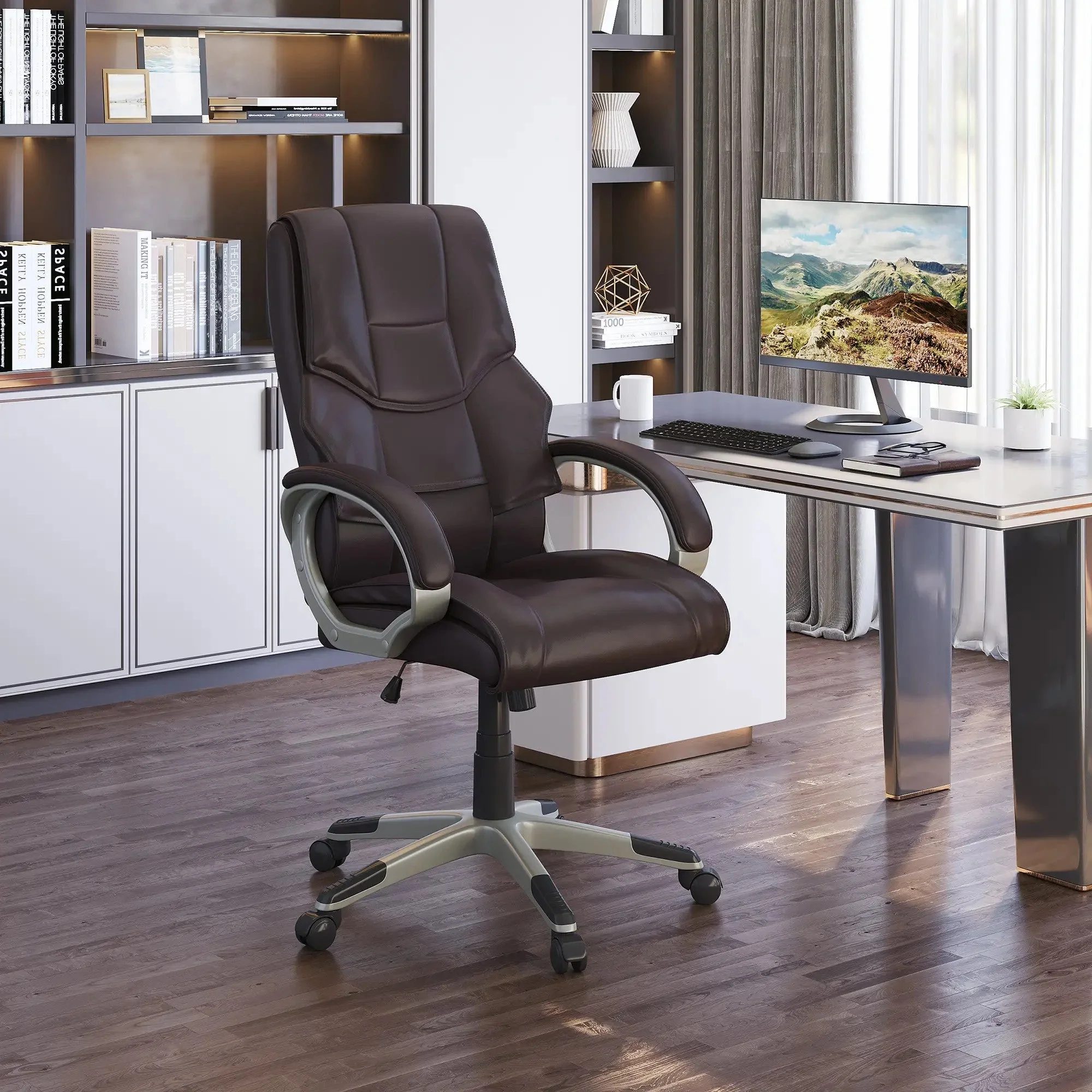 Home Office Chair High Back Adjustable Height Rocking Faux Leather Brown