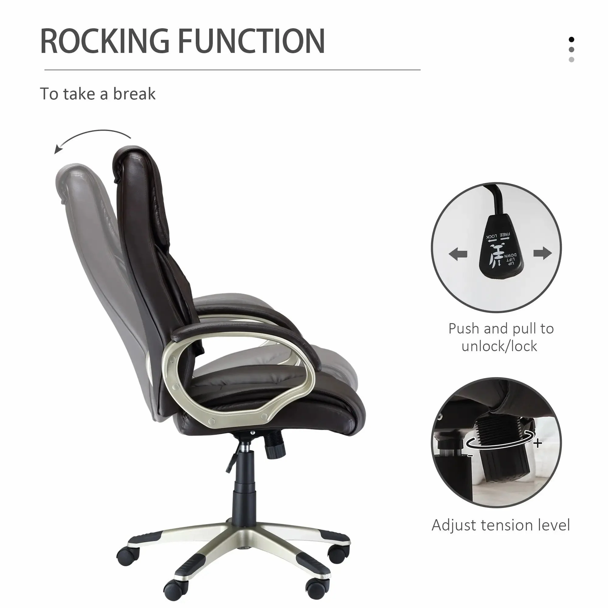 Home Office Chair High Back Adjustable Height Rocking Faux Leather Brown - Image 5