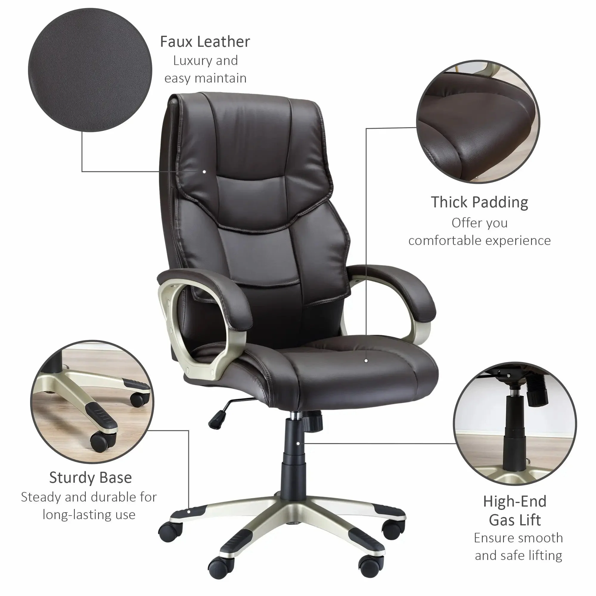 Home Office Chair High Back Adjustable Height Rocking Faux Leather Brown - Image 7
