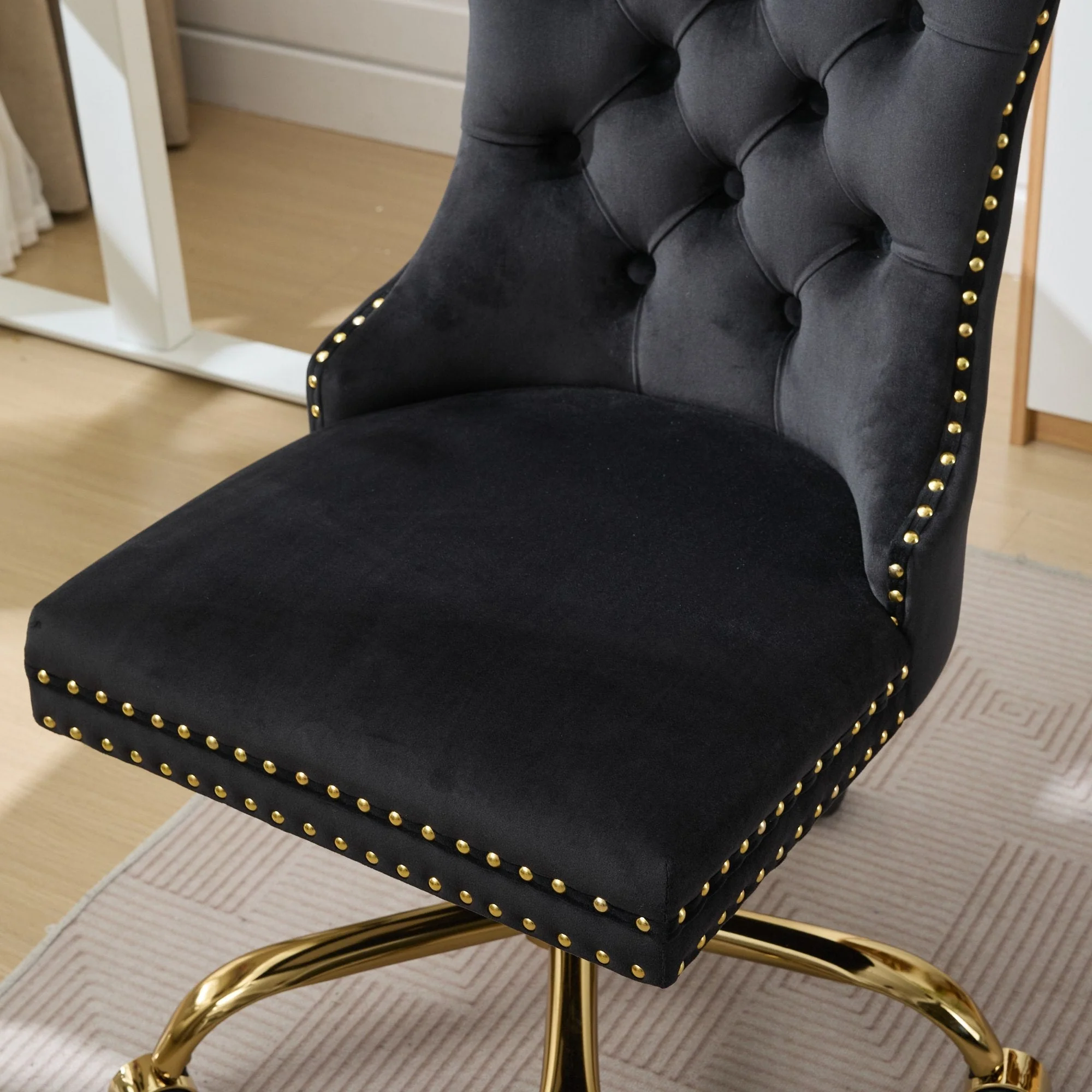 Home Office Chair Velvet Upholstered Tufted Swivel Adjustable Golden Base - Black - Image 10