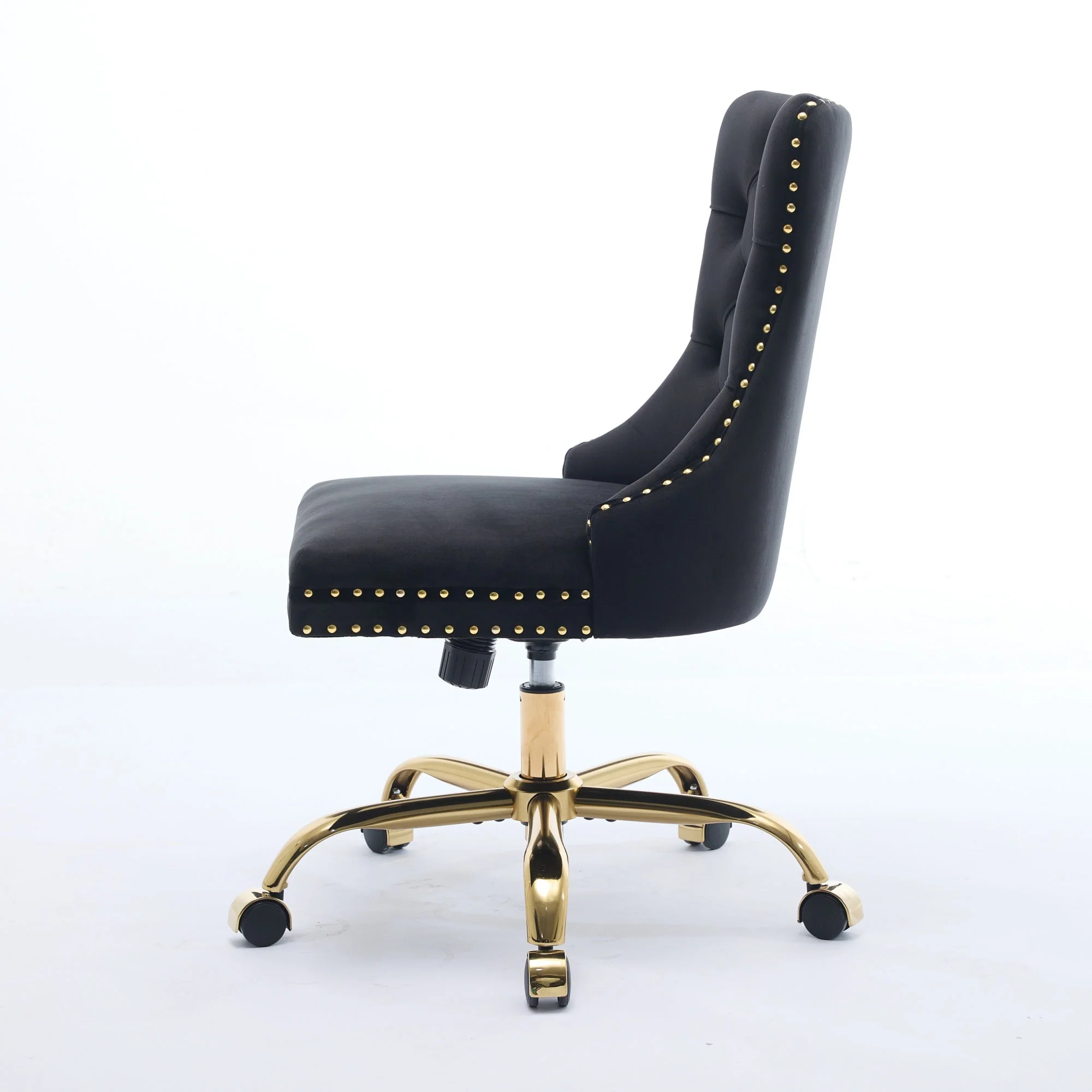 Home Office Chair Velvet Upholstered Tufted Swivel Adjustable Golden Base - Black - Image 4