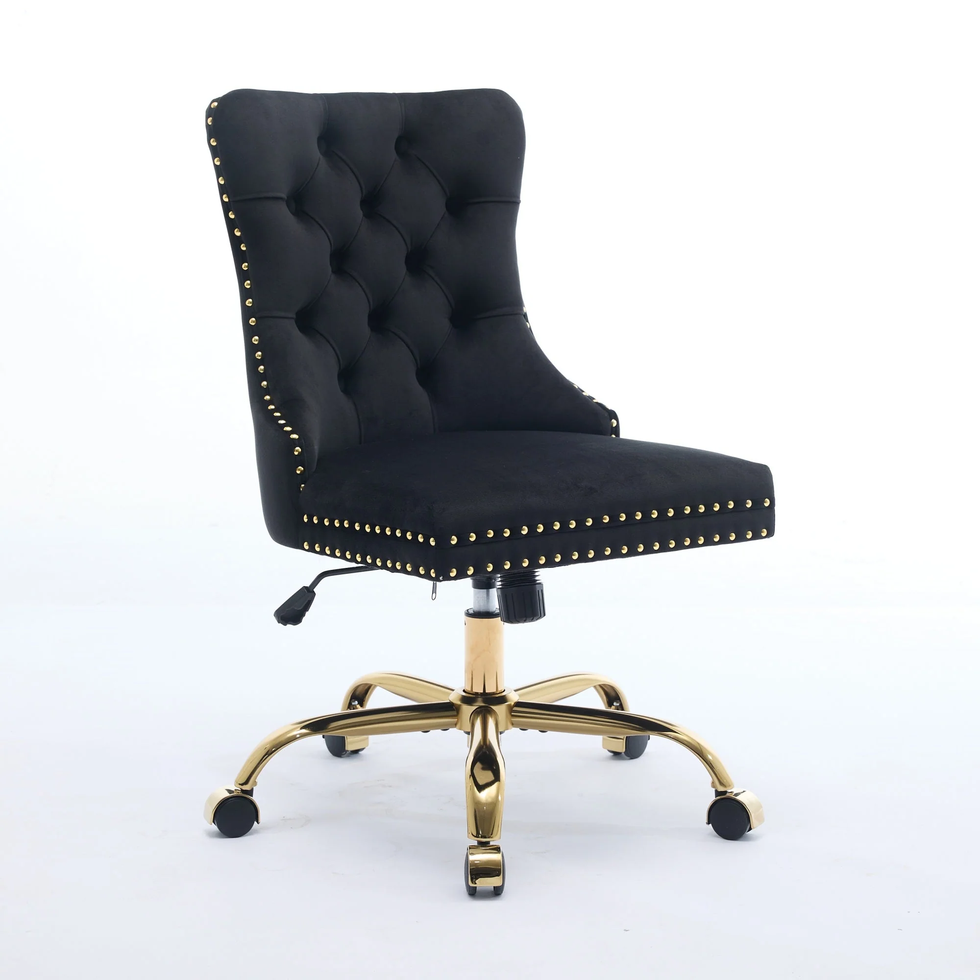 Home Office Chair Velvet Upholstered Tufted Swivel Adjustable Golden Base - Black - Image 7