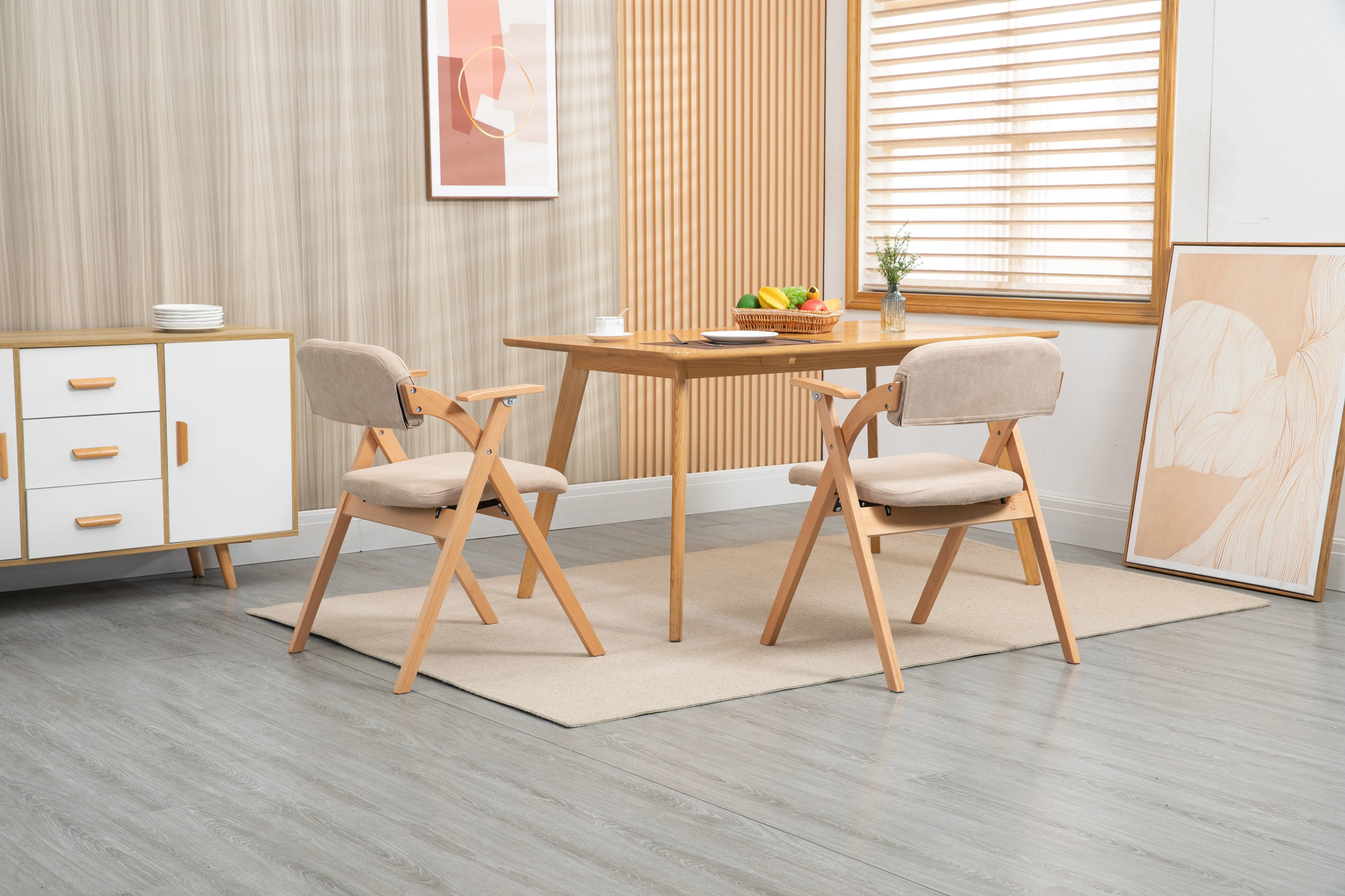 HOMEFUN Folding Dining Chairs, Padded Stackable with Armrest (Set of 2), Wooden Khaki - Image 3