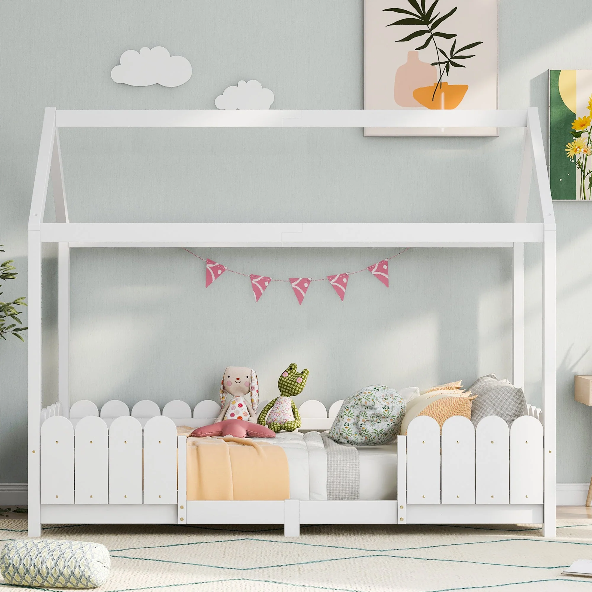 House bed 90x200 cm - versatile wooden children's bed with fall protection and slatted frame - white - Image 6