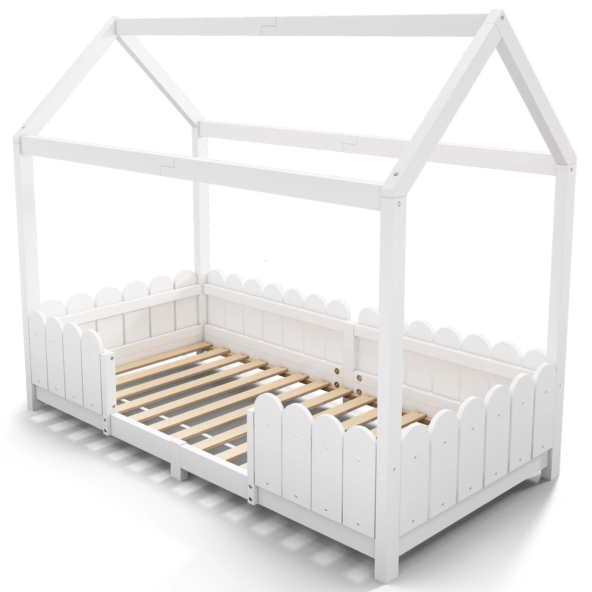 House bed 90x200 cm - versatile wooden children's bed with fall protection and slatted frame - white - Image 8
