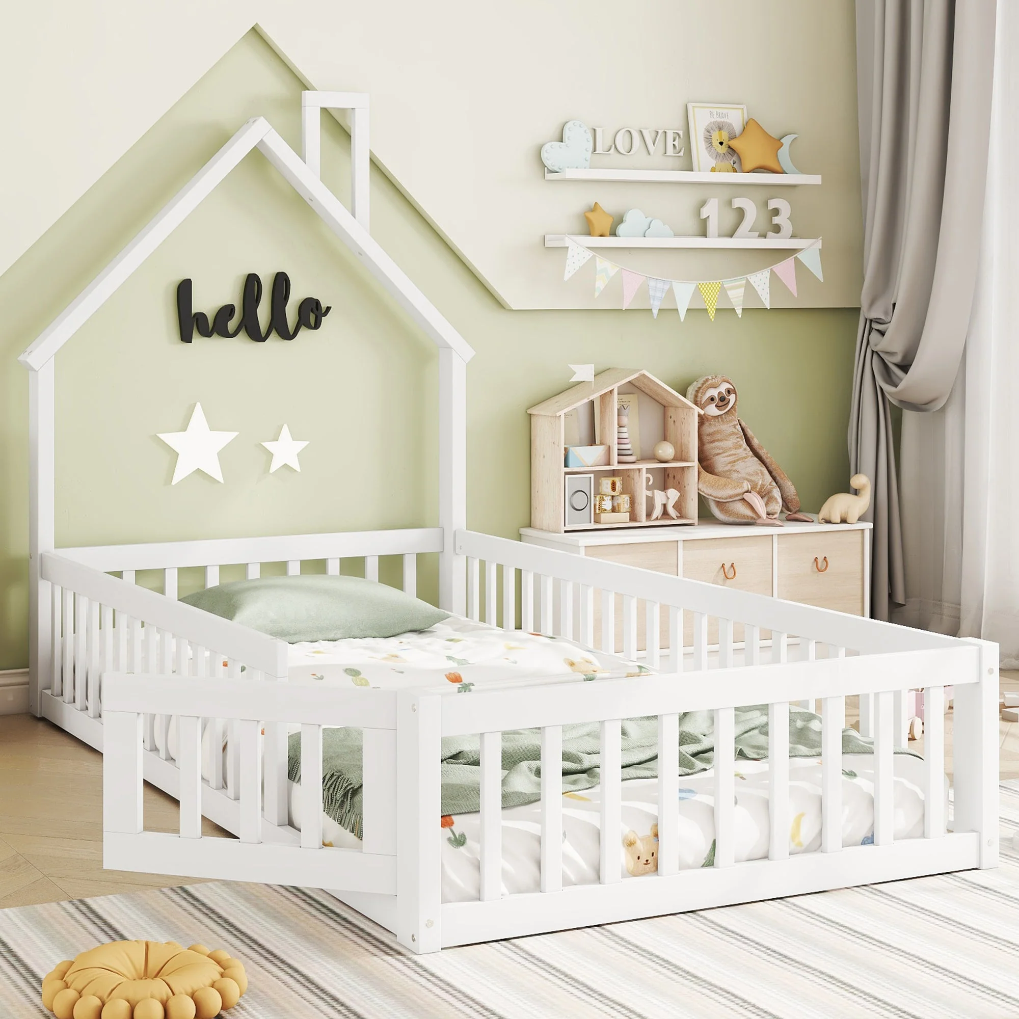 House Bed 90x200cm Chimney Shape with Slatted Base Pine Wood, White