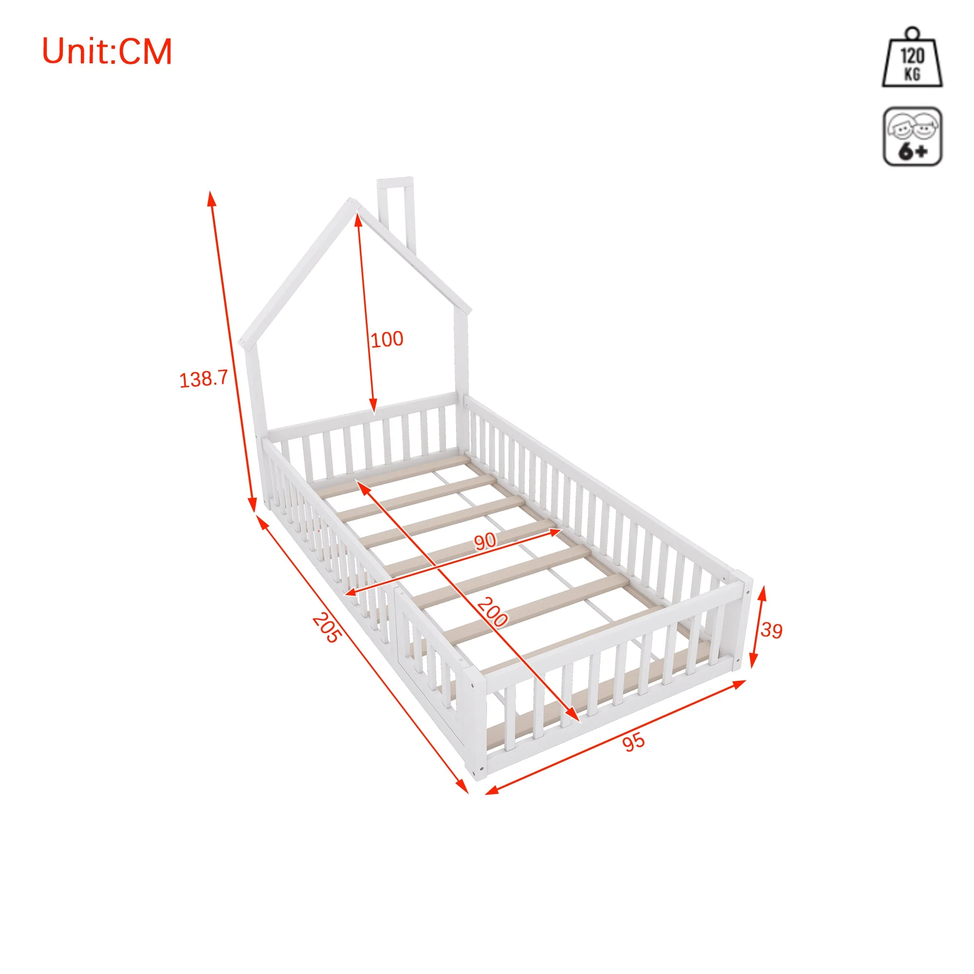 House Bed 90x200cm Chimney Shape with Slatted Base Pine Wood, White - Image 6