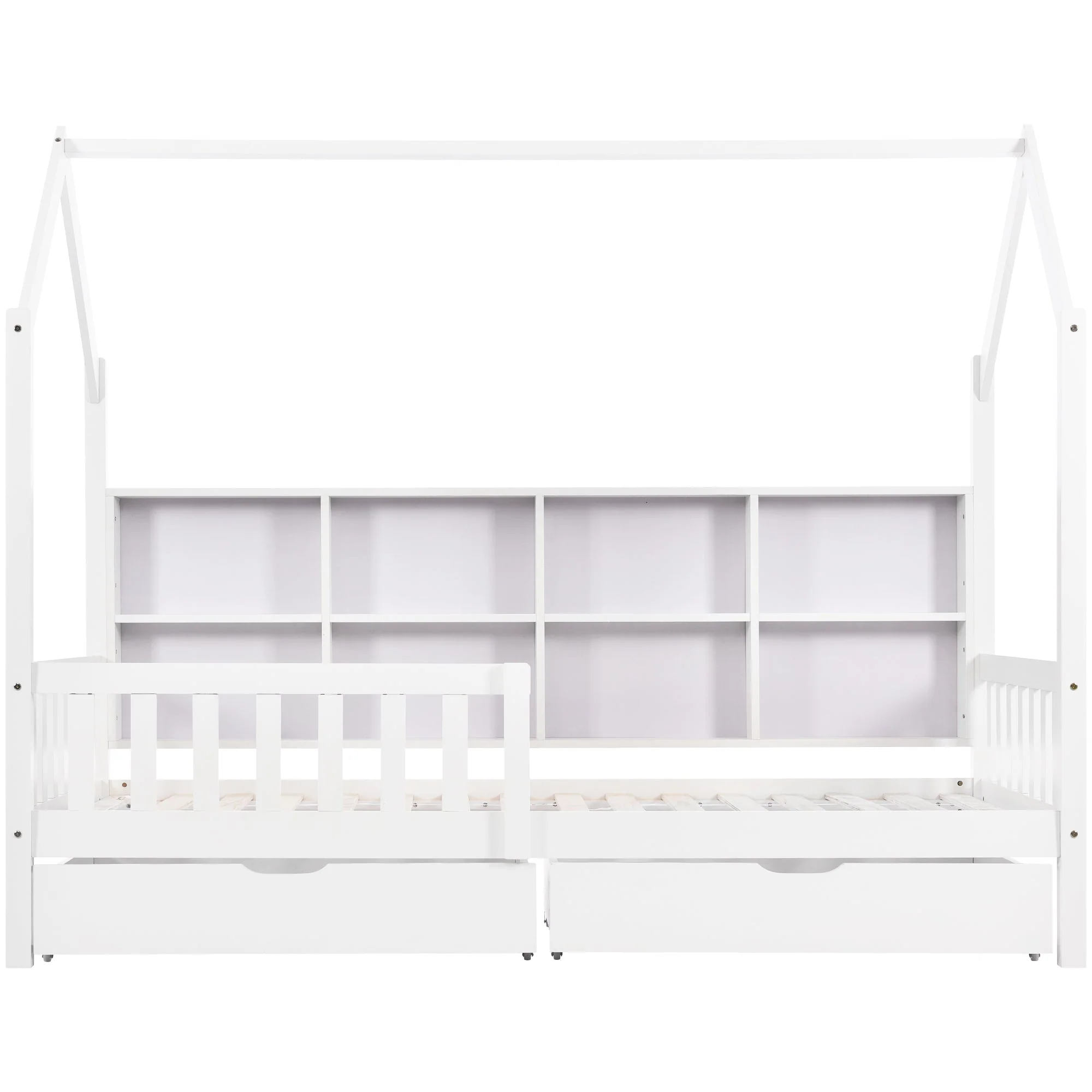 House Bed 90x200cm Multifunctional Storage Bookshelf 2 Drawers Fireplace Shape - White - Image 6