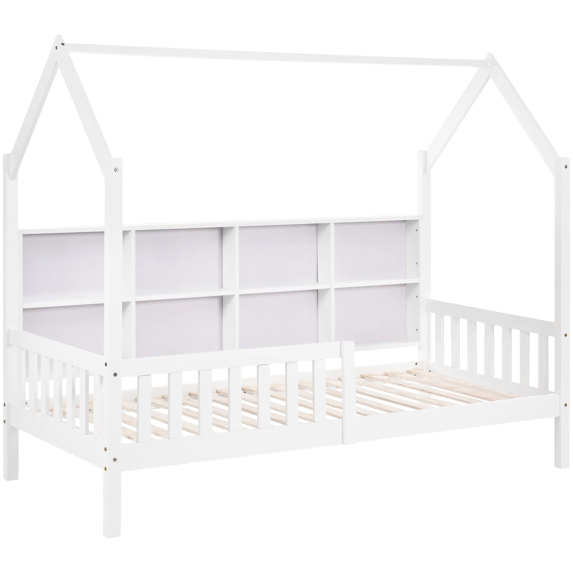 House Bed 90x200cm Multifunctional Storage Bookshelf 2 Drawers Fireplace Shape - White - Image 9