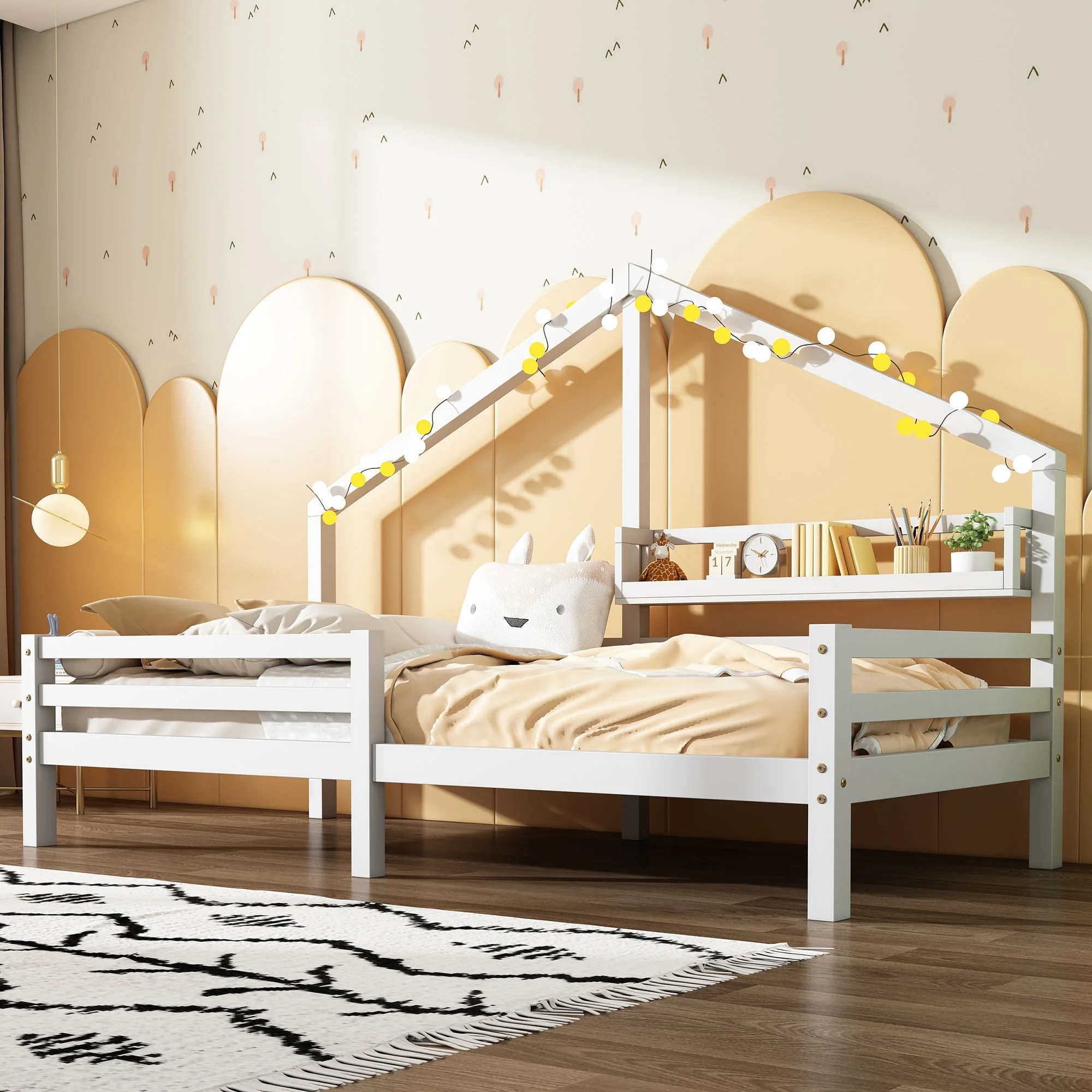 House Bed 90x200cm Storage Shelf Fireplace Shape - White - Image 8