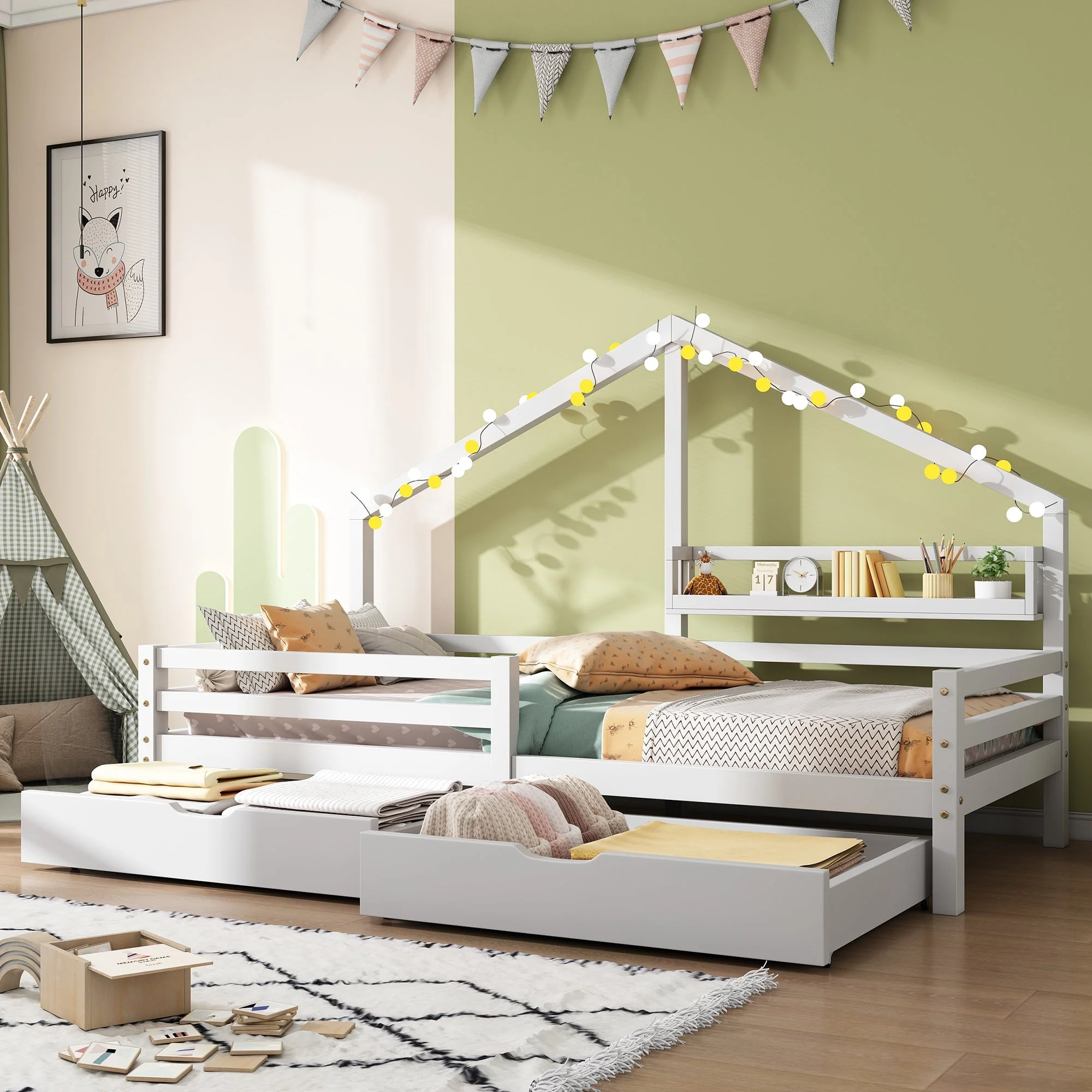 House Bed 90x200cm with Storage Shelf 2 Drawers Fireplace Design - White - Image 5