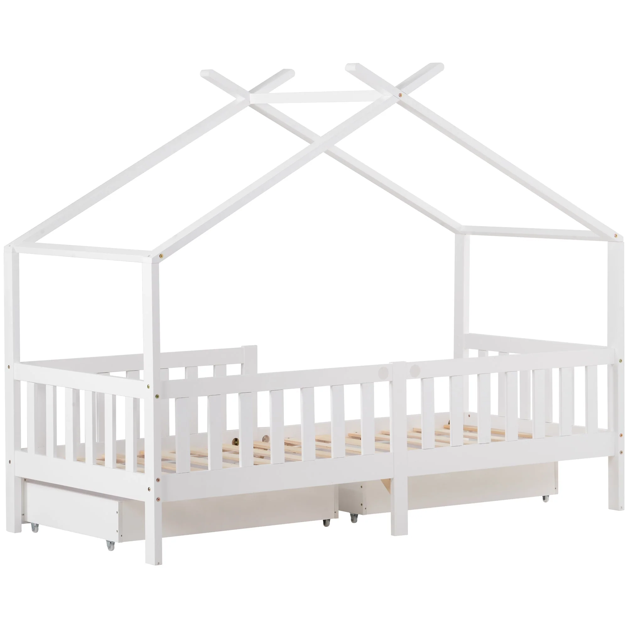 House Bed Children's, 2 Drawers Solid Wood Fence Fall Protection, White - Image 7