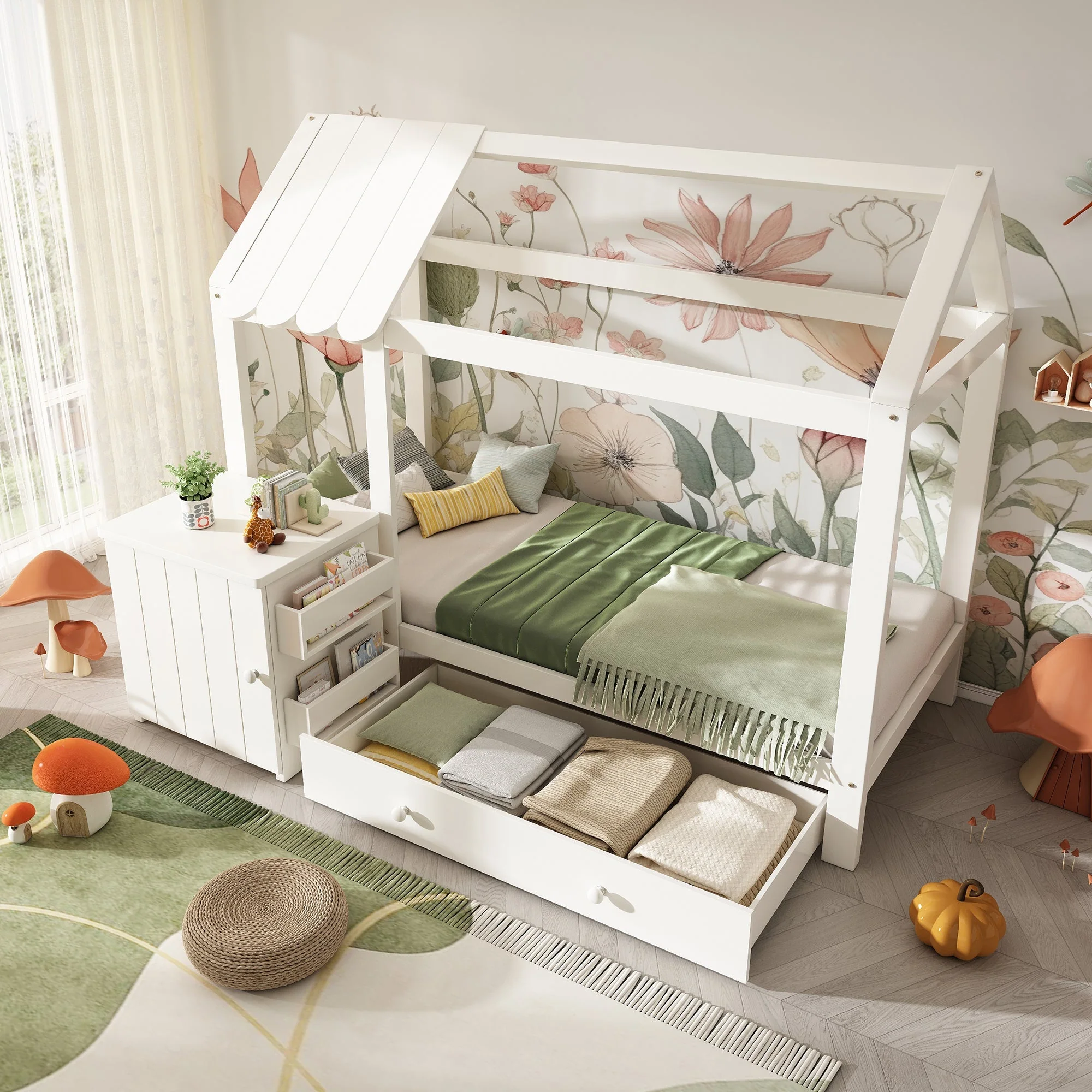 House Bed Children's Bed 90x200 cm, Solid Wood with Drawers & Removable Bedside Table, White