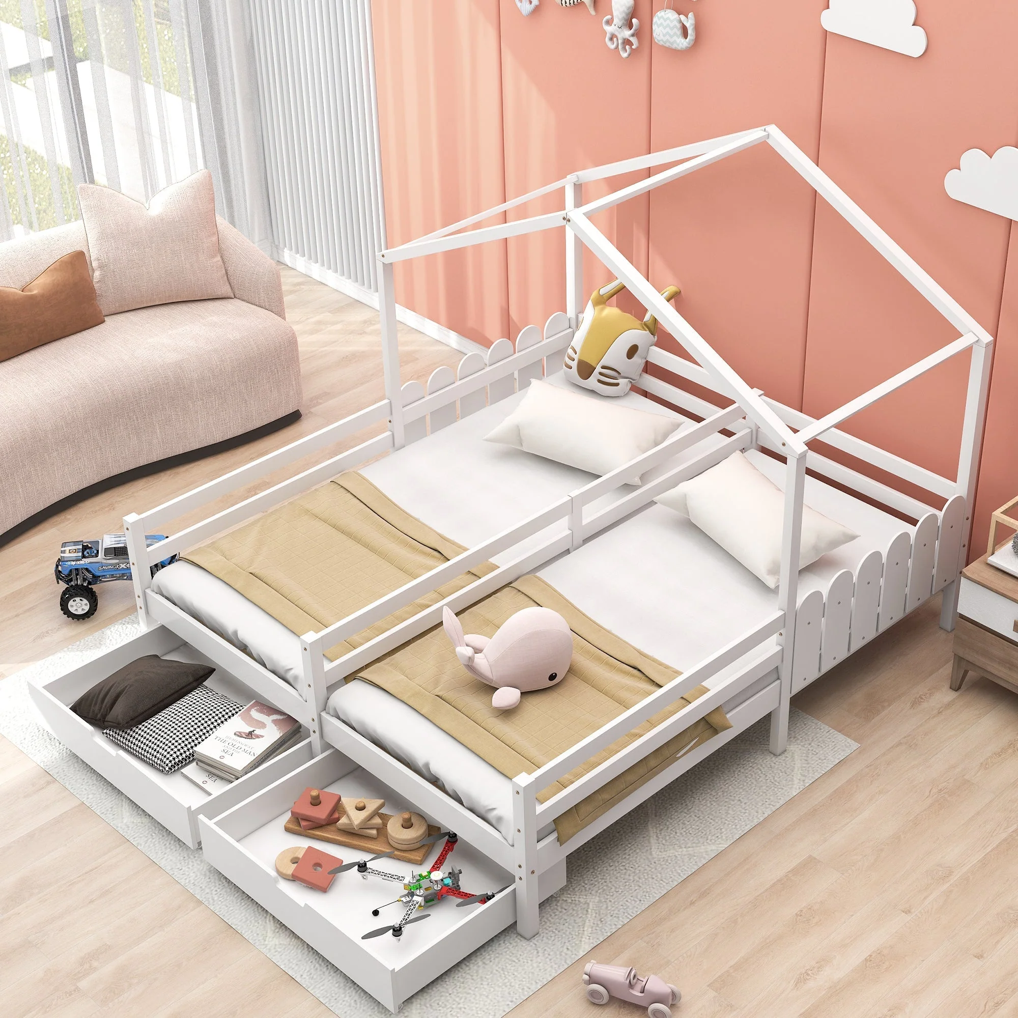 House Bed, Double Kids Cot with 2 MDF Drawers, Pine Slatted Frame, White - Image 4