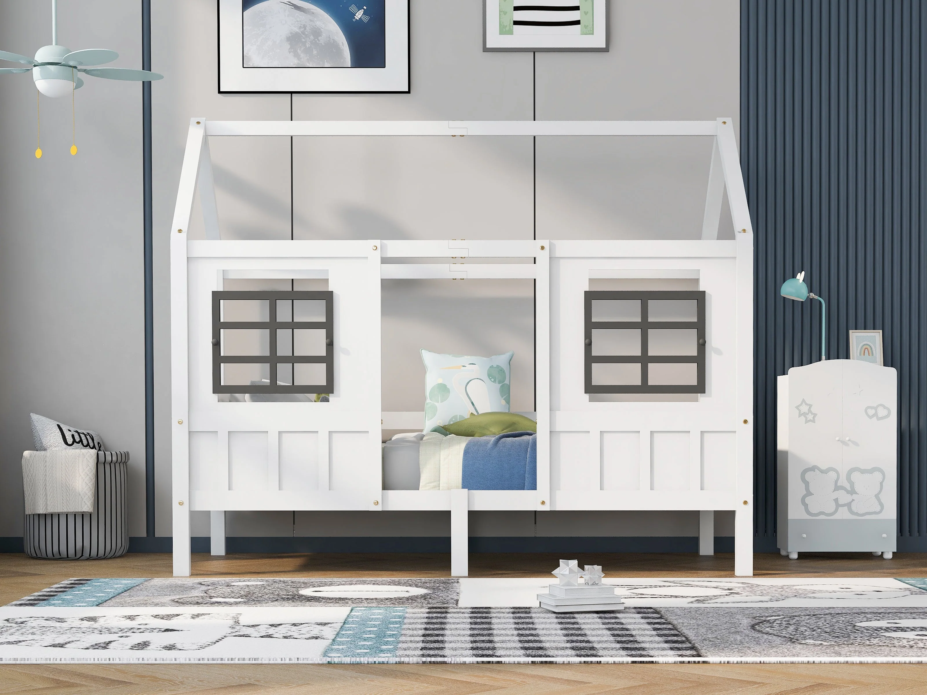 House Bed, Single Day Children's Bed with 2 Windows, Pine MDF, White - Image 7
