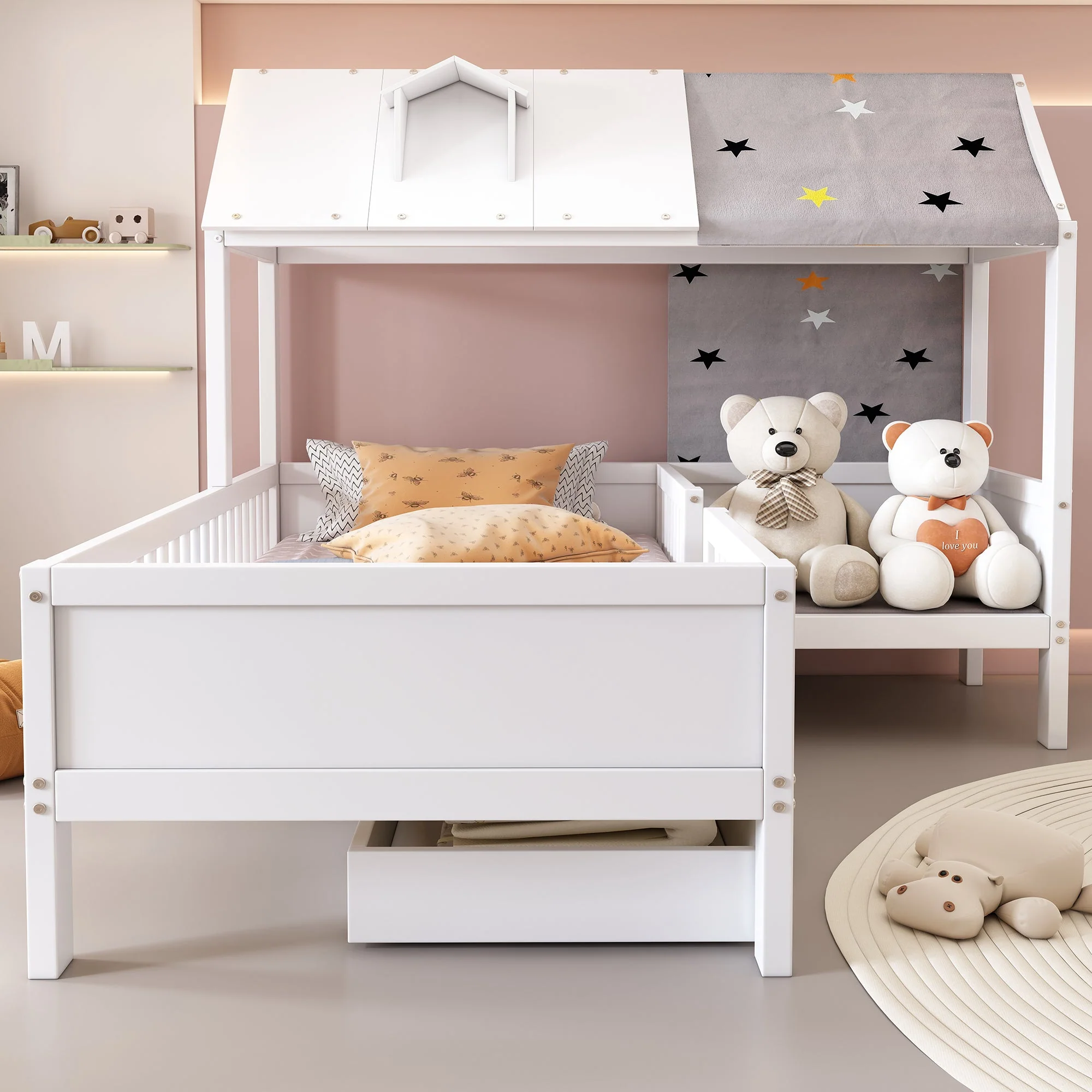 House Bed Single Multifunctional Tent Drawers 90x200cm - White Wood - Image 2