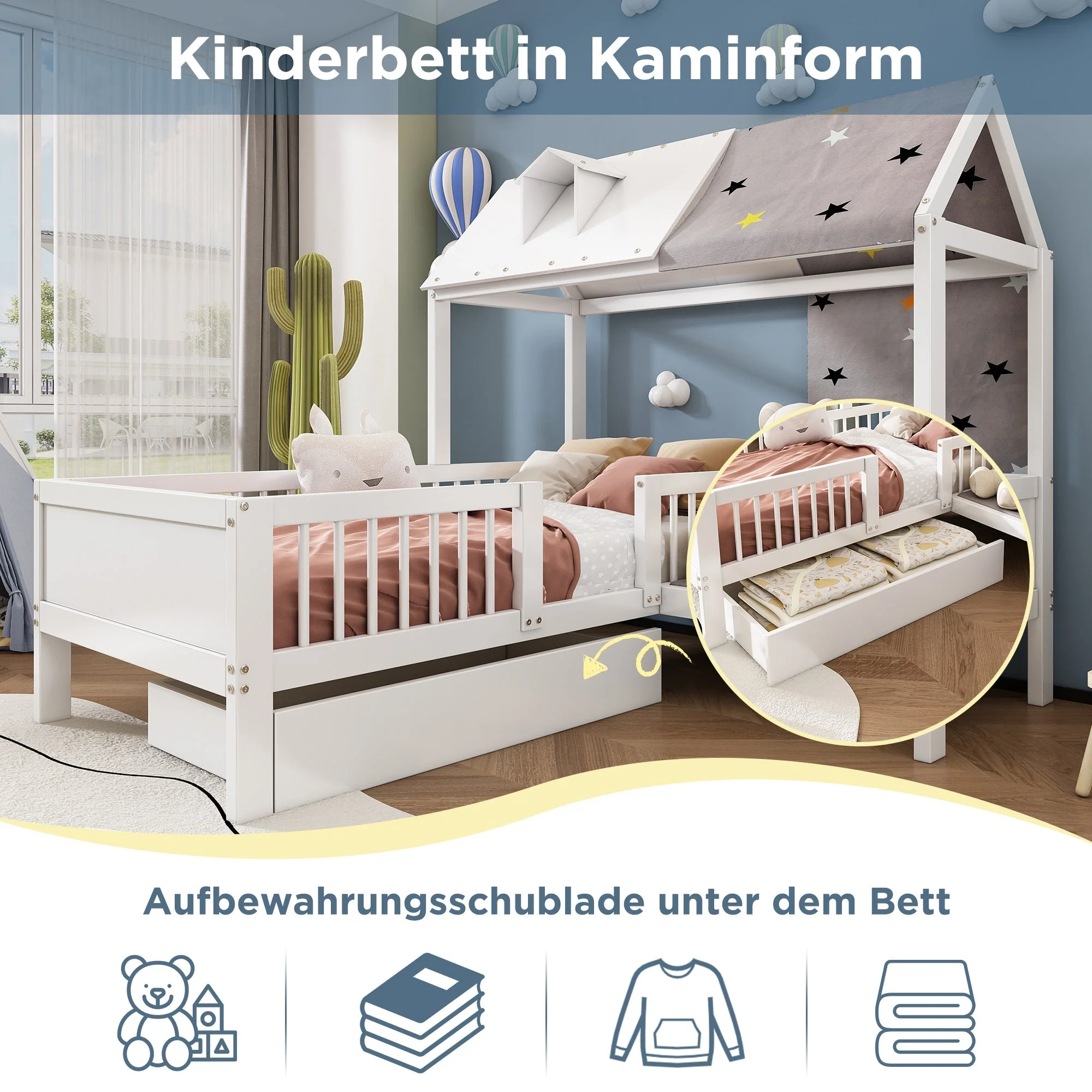 House Bed Single Multifunctional Tent Drawers 90x200cm - White Wood - Image 3