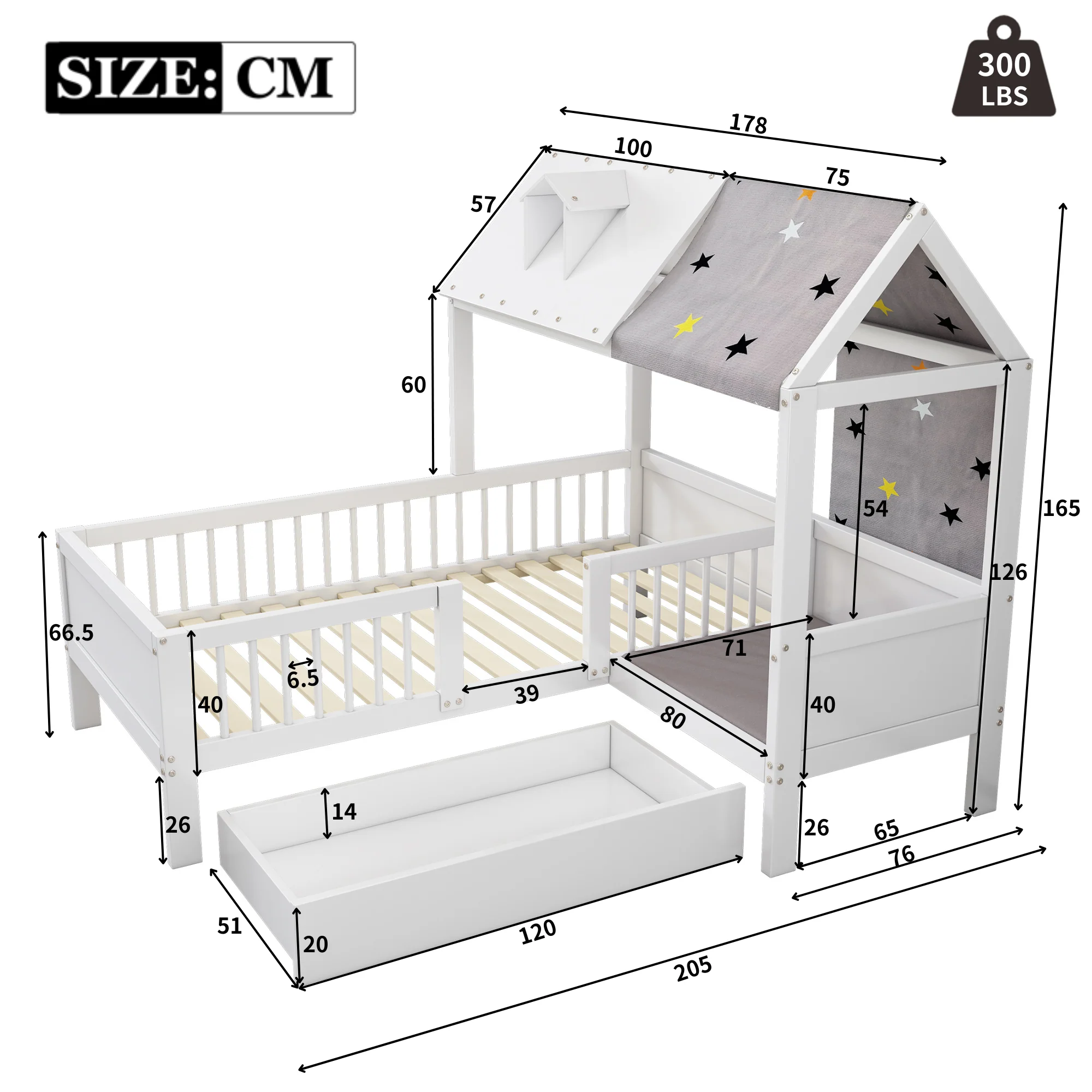 House Bed Single Multifunctional Tent Drawers 90x200cm - White Wood - Image 9