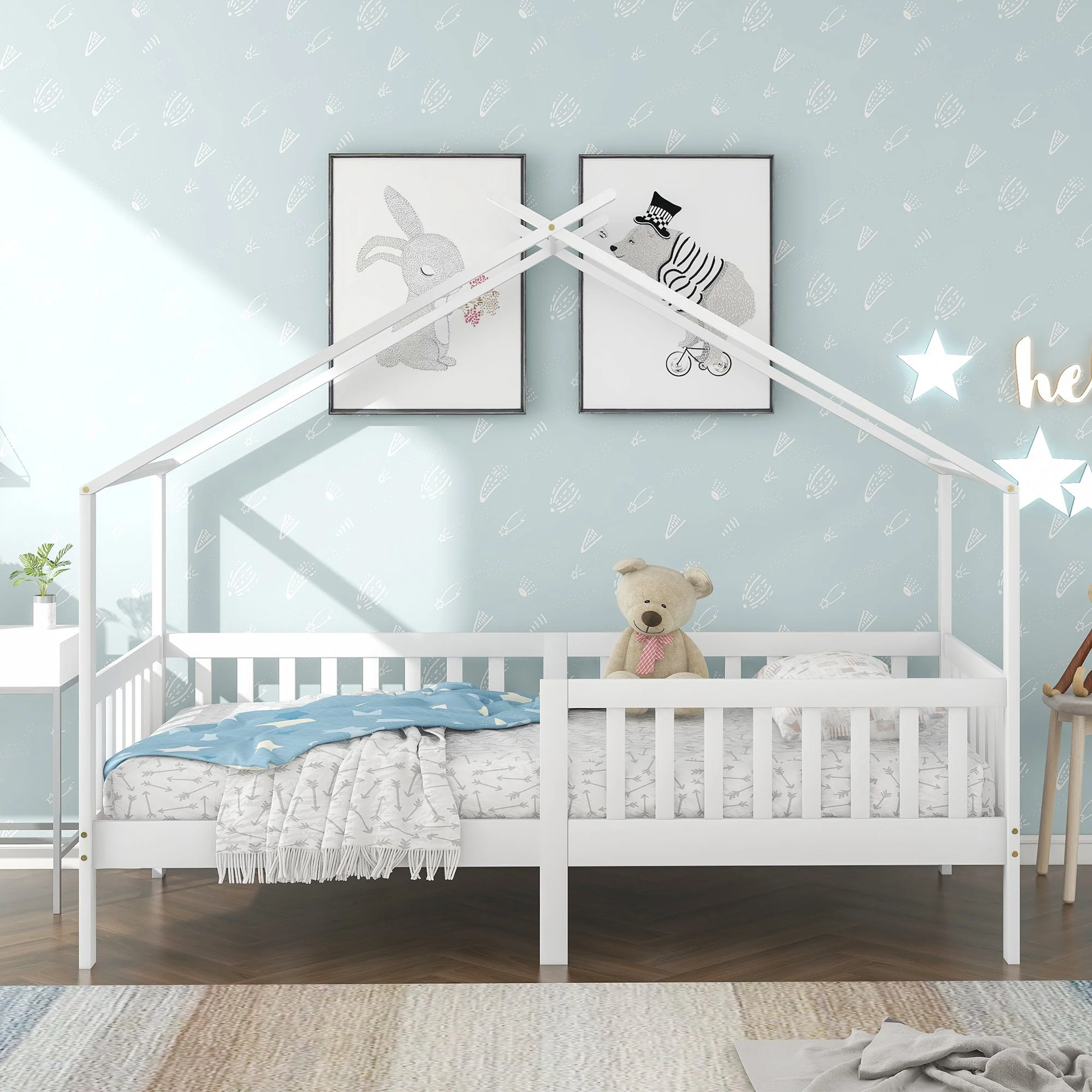 House Bed, Solid Wood Children's Bed with Railing, Slatted Base, Fall Protection, White 200x90 cm - Image 2