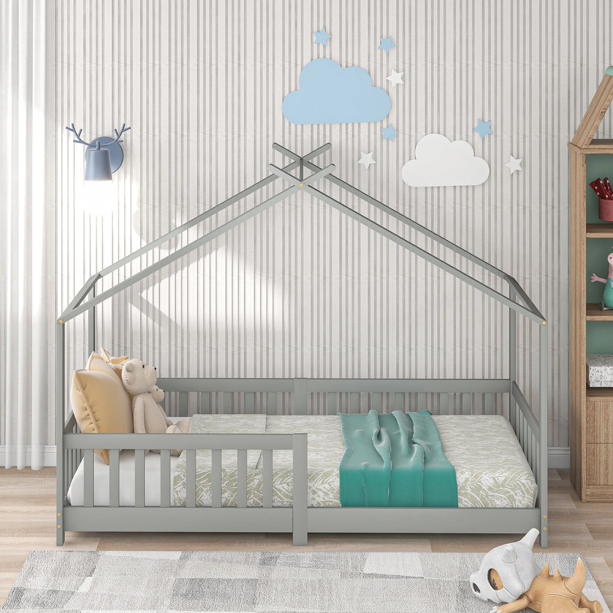 House Bed, Solid Wood with Fence & Fall Protection, Gray - Image 2