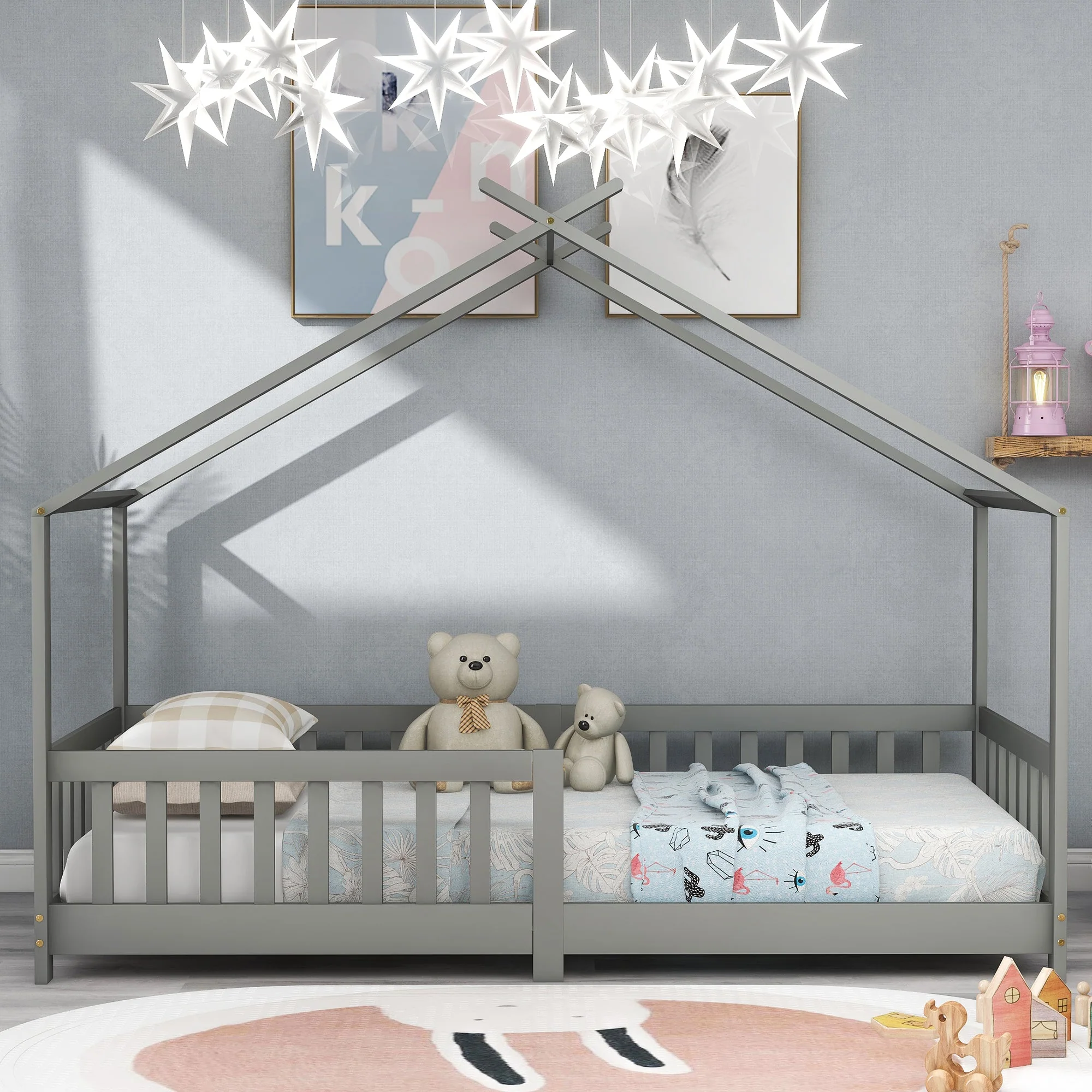 House Bed, Solid Wood with Fence & Fall Protection, Gray - Image 7