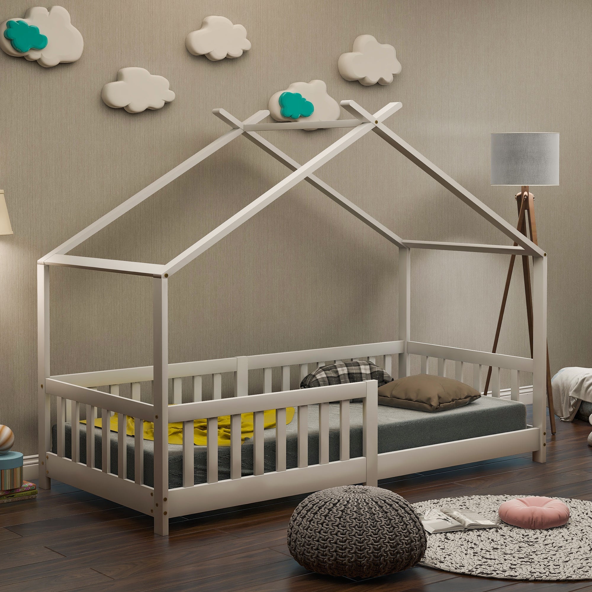 House Bed, Solid Wood with Fence & Slatted Frame, Fall Protection, White - Image 7