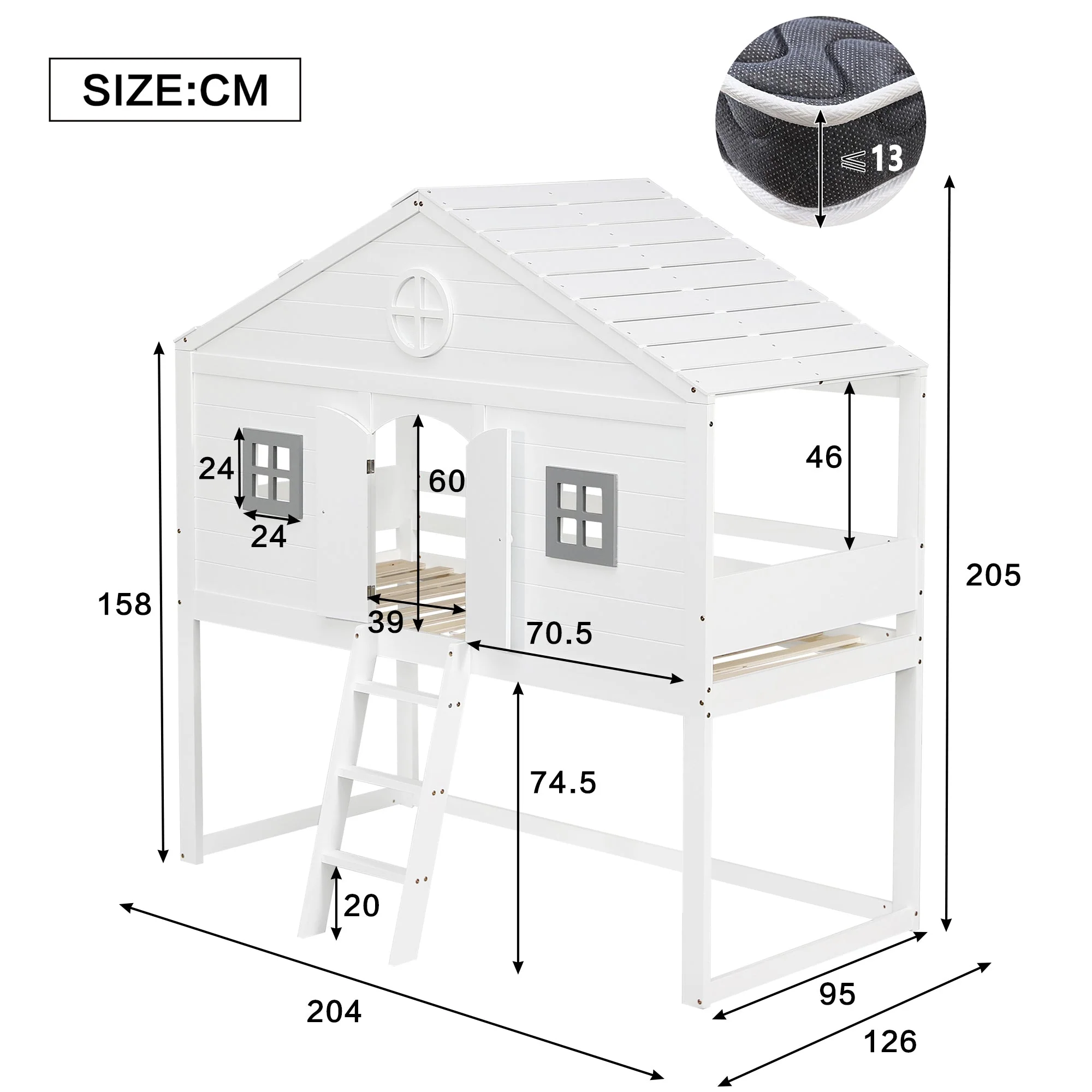 House Bed, Stairs, Safety Rail & Gate, Pine & MDF, White & Grey - Image 4