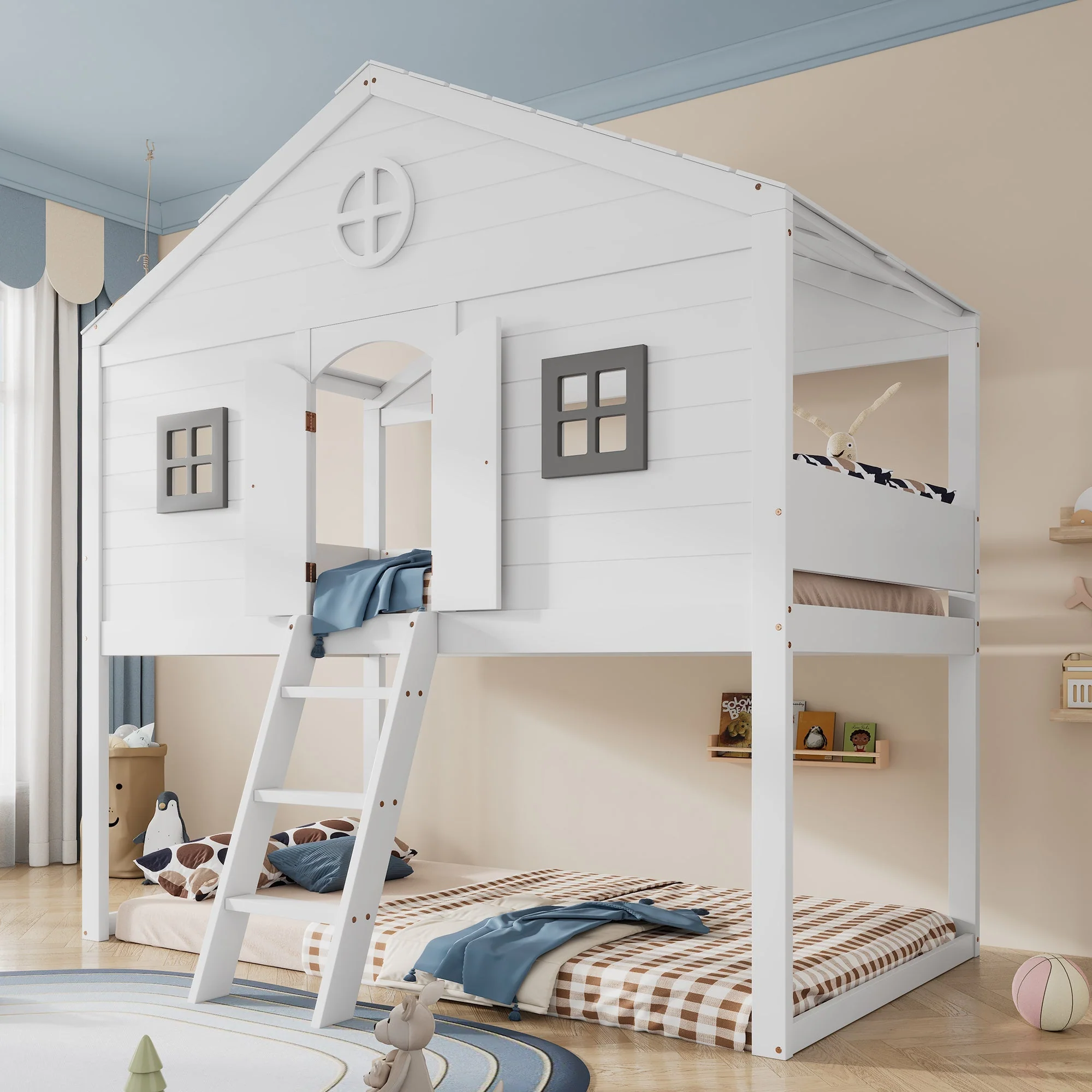 House Bed, Stairs, Safety Rail & Gate, Pine & MDF, White & Grey - Image 7