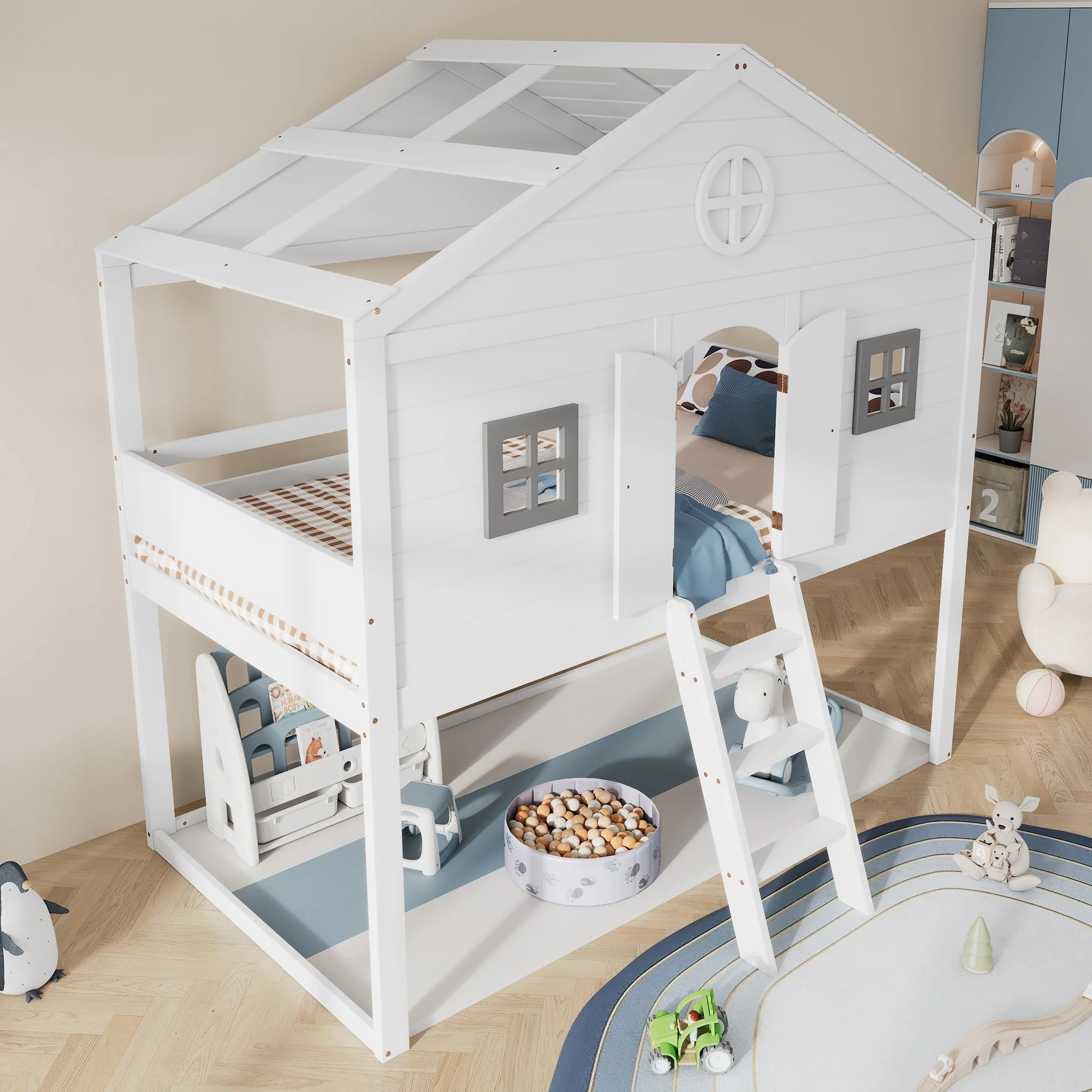 House Bed, Stairs, Safety Rail & Gate, Pine & MDF, White & Grey - Image 9
