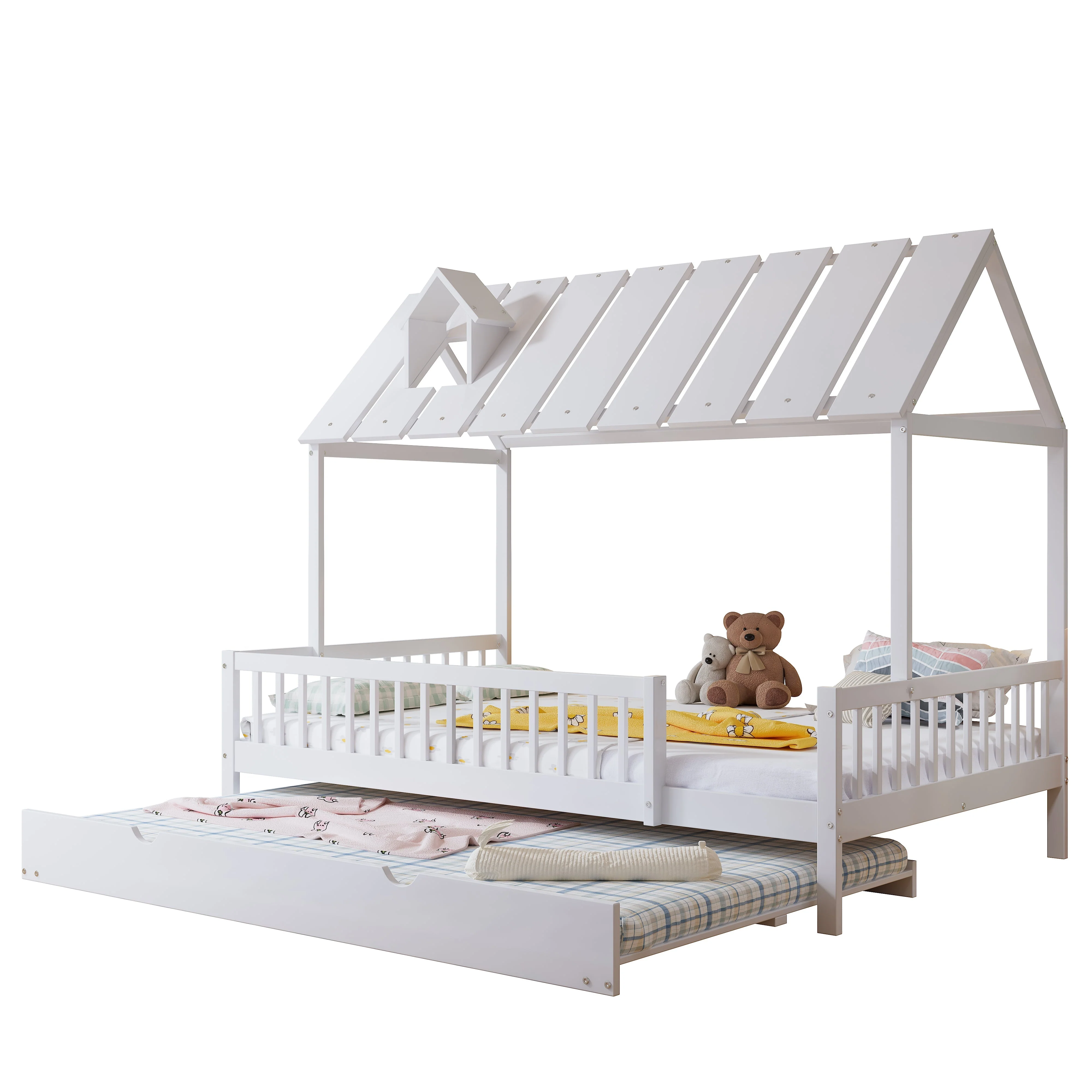 House Bed, Trundle Bed with Chimney, 3-Sided Rail, Pine+MDF, White - Image 6