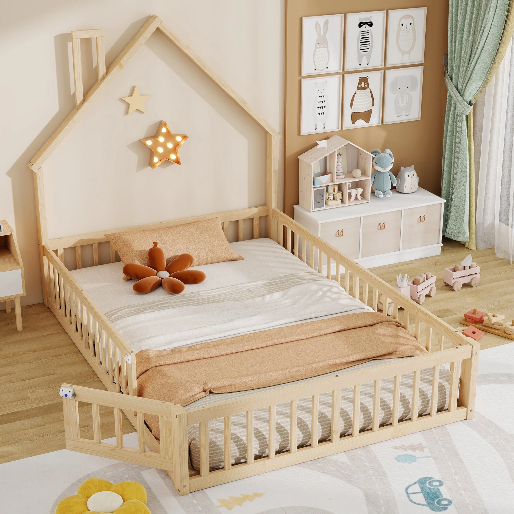 House Bed with Chimney Shape and Slatted Base, 140x190cm, Natural Pine Wood