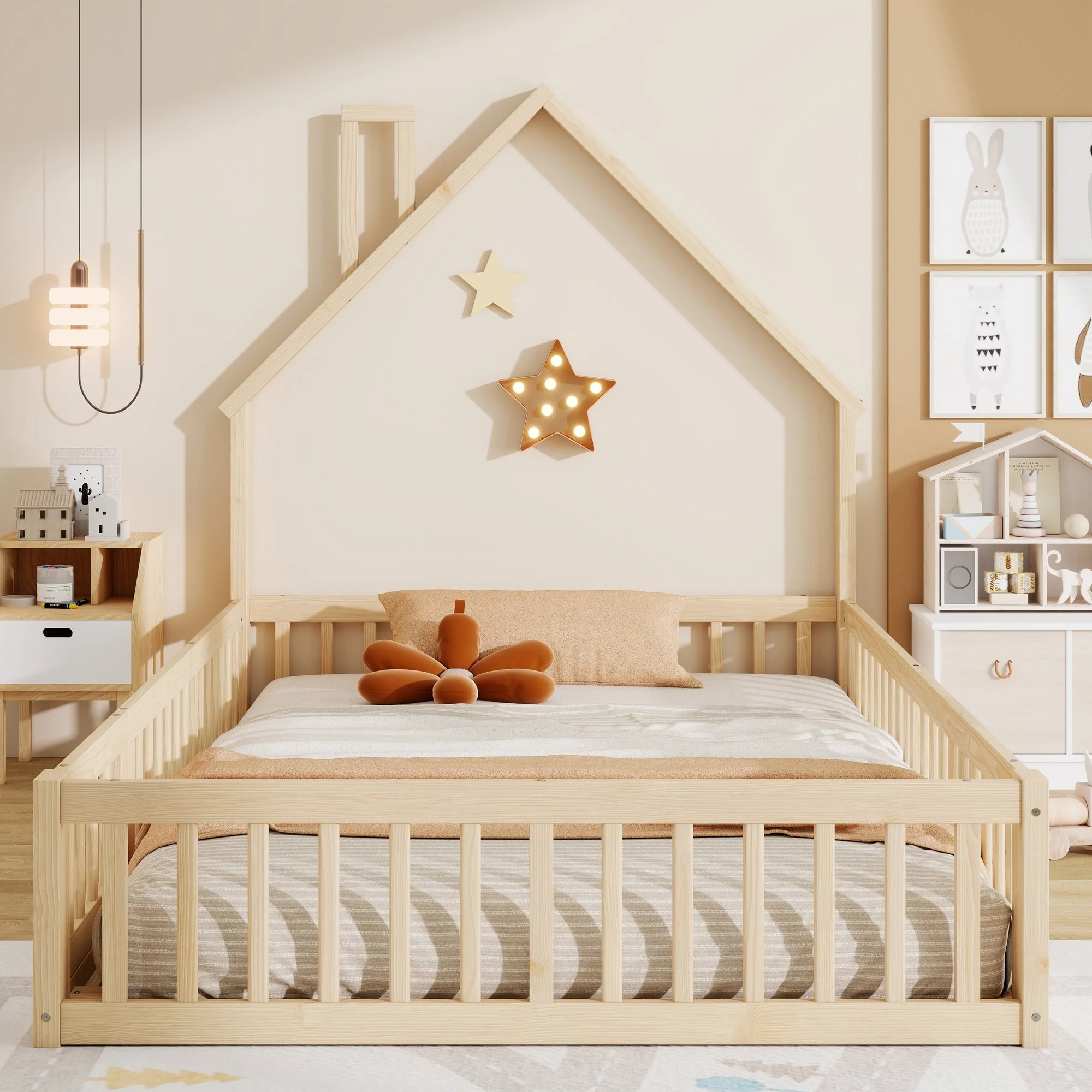 House Bed with Chimney Shape and Slatted Base, 140x190cm, Natural Pine Wood - Image 4