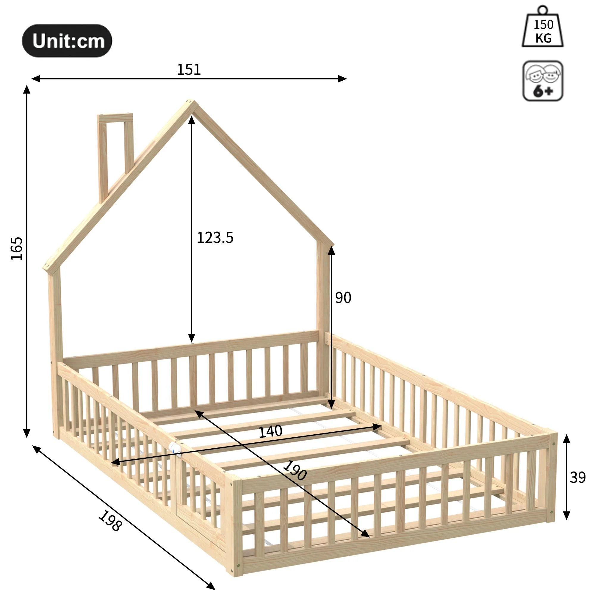 House Bed with Chimney Shape and Slatted Base, 140x190cm, Natural Pine Wood - Image 6