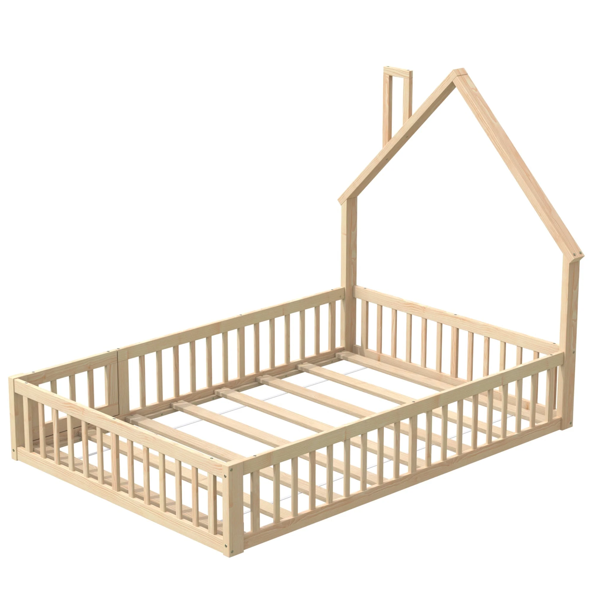 House Bed with Chimney Shape and Slatted Base, 140x190cm, Natural Pine Wood - Image 7