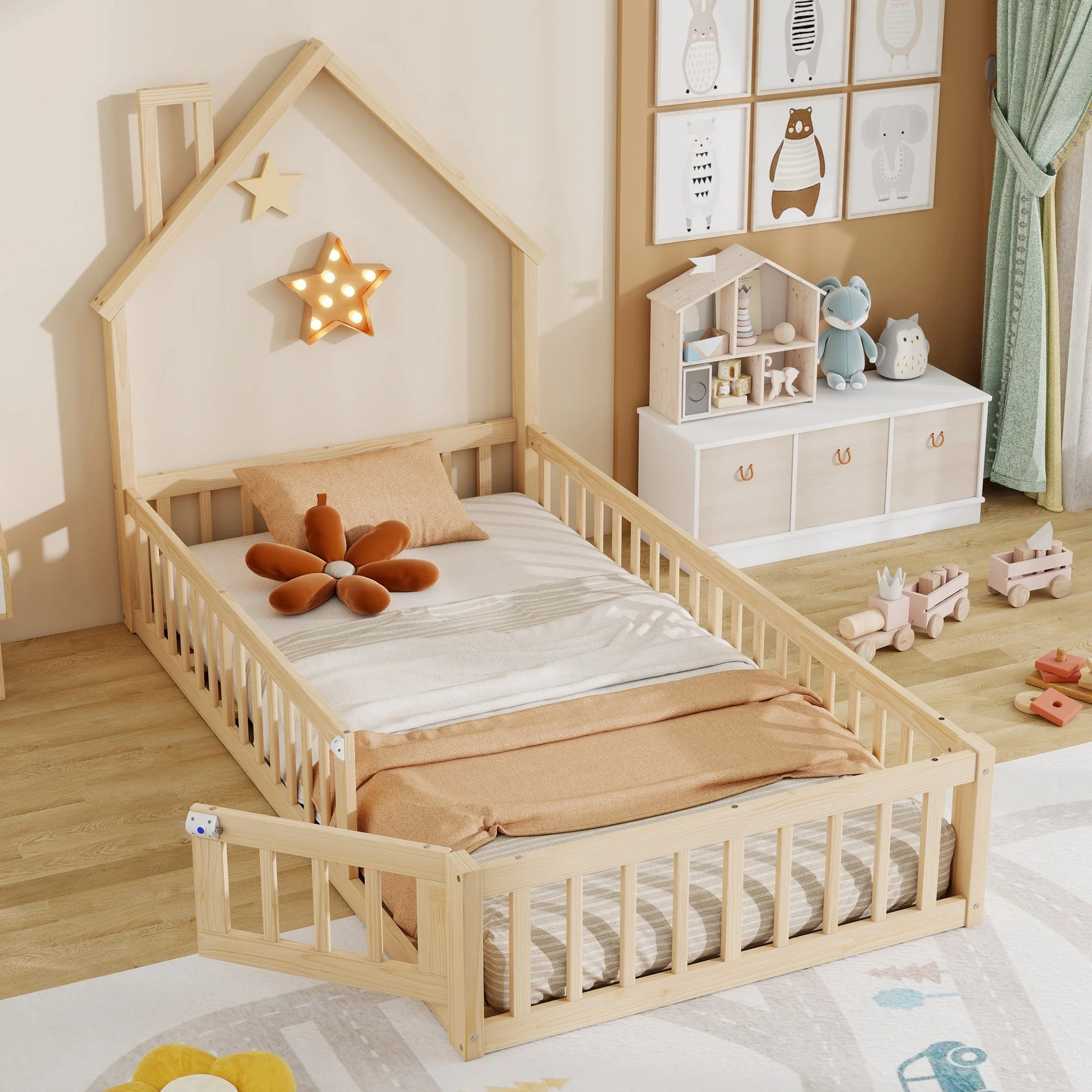 House Bed with Chimney Shape and Slatted Base, 90x200cm, Natural Pine Wood - Image 3