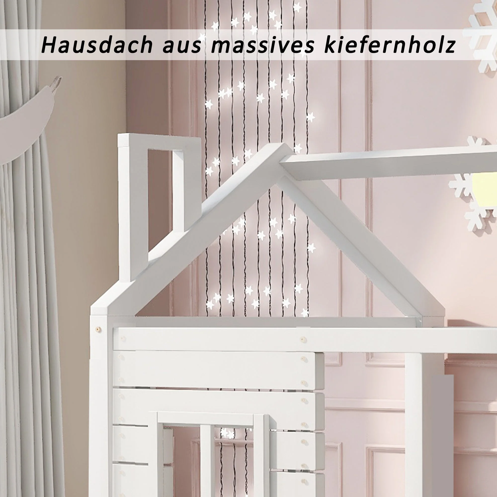 House Bed with Fall Protection, Window and Slatted Base, 80x160cm, White Solid Wood - Image 6