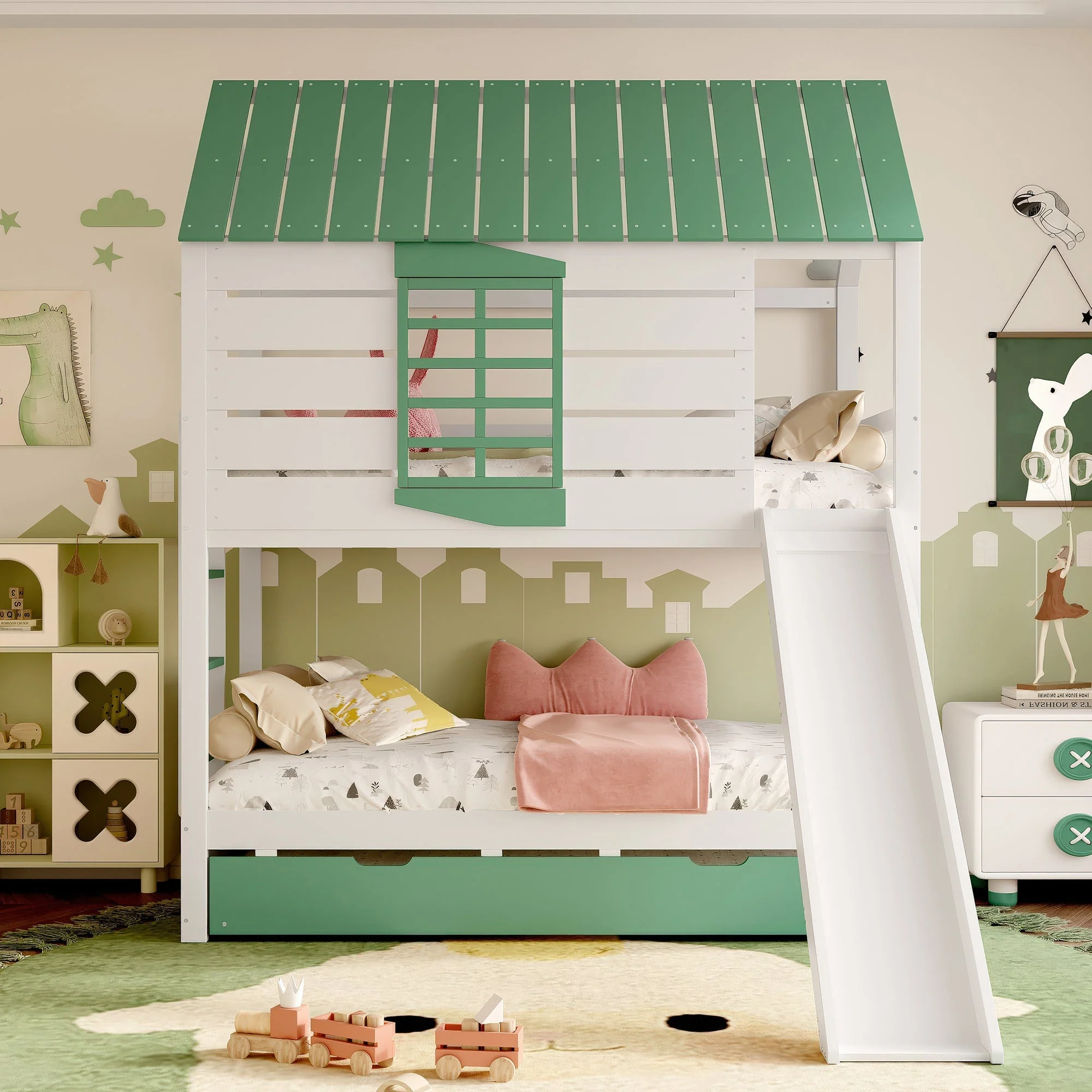 House Bunk Bed, 90X200 with Slide and Pull-Out Bed, White+Green - Image 3