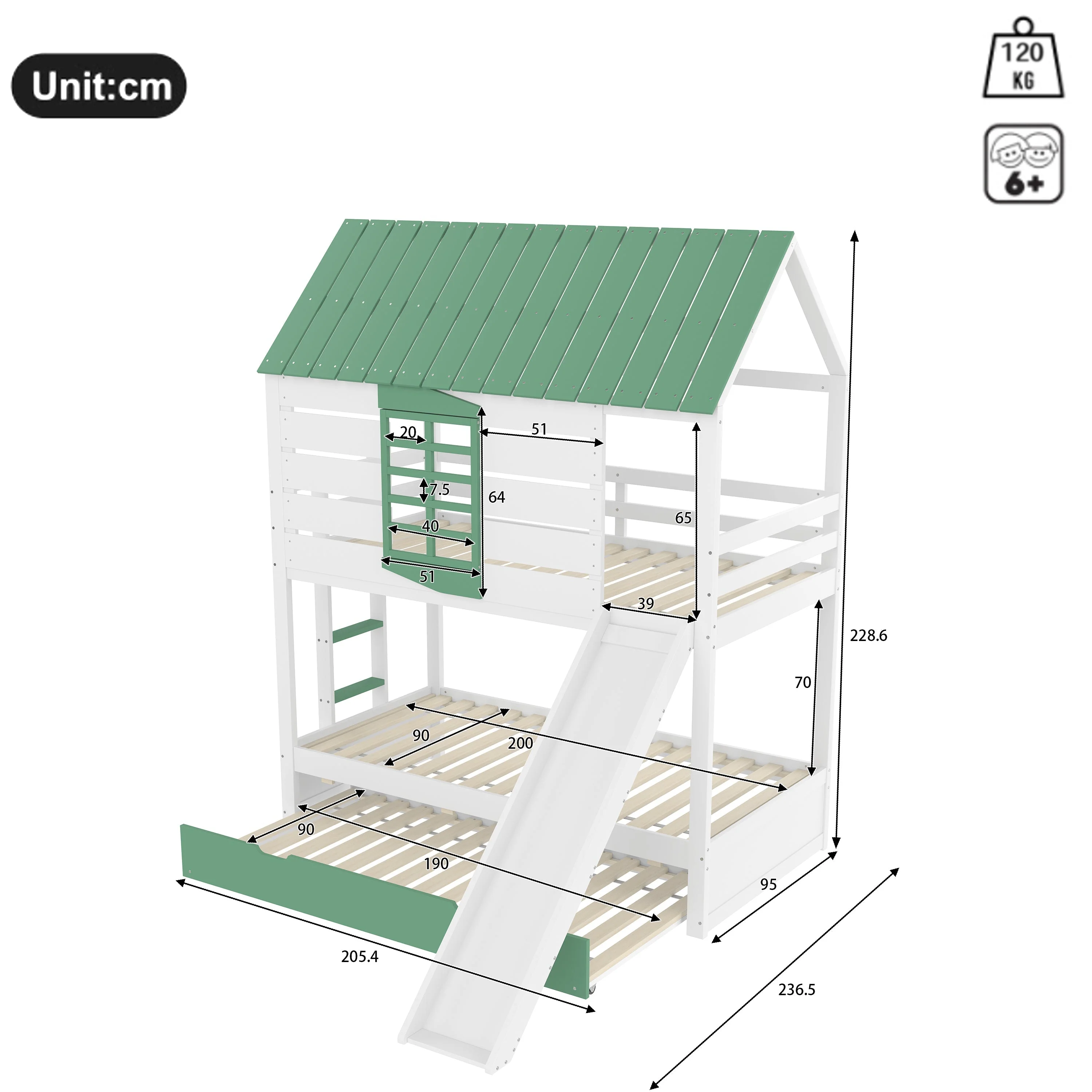 House Bunk Bed, 90X200 with Slide and Pull-Out Bed, White+Green - Image 4
