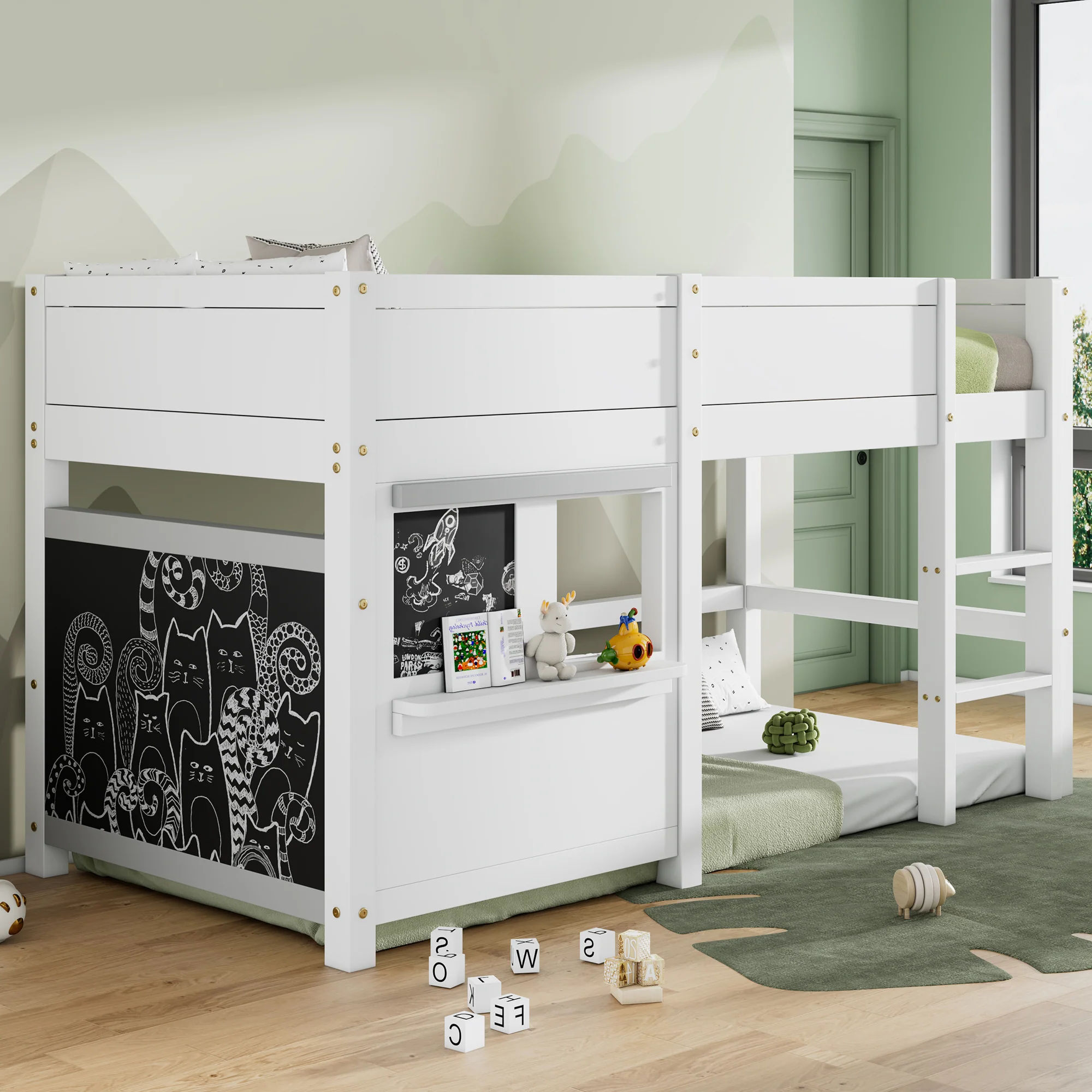 House Bunk Bed 90x200cm Graffiti Boards Small Shelf - White - Image 2