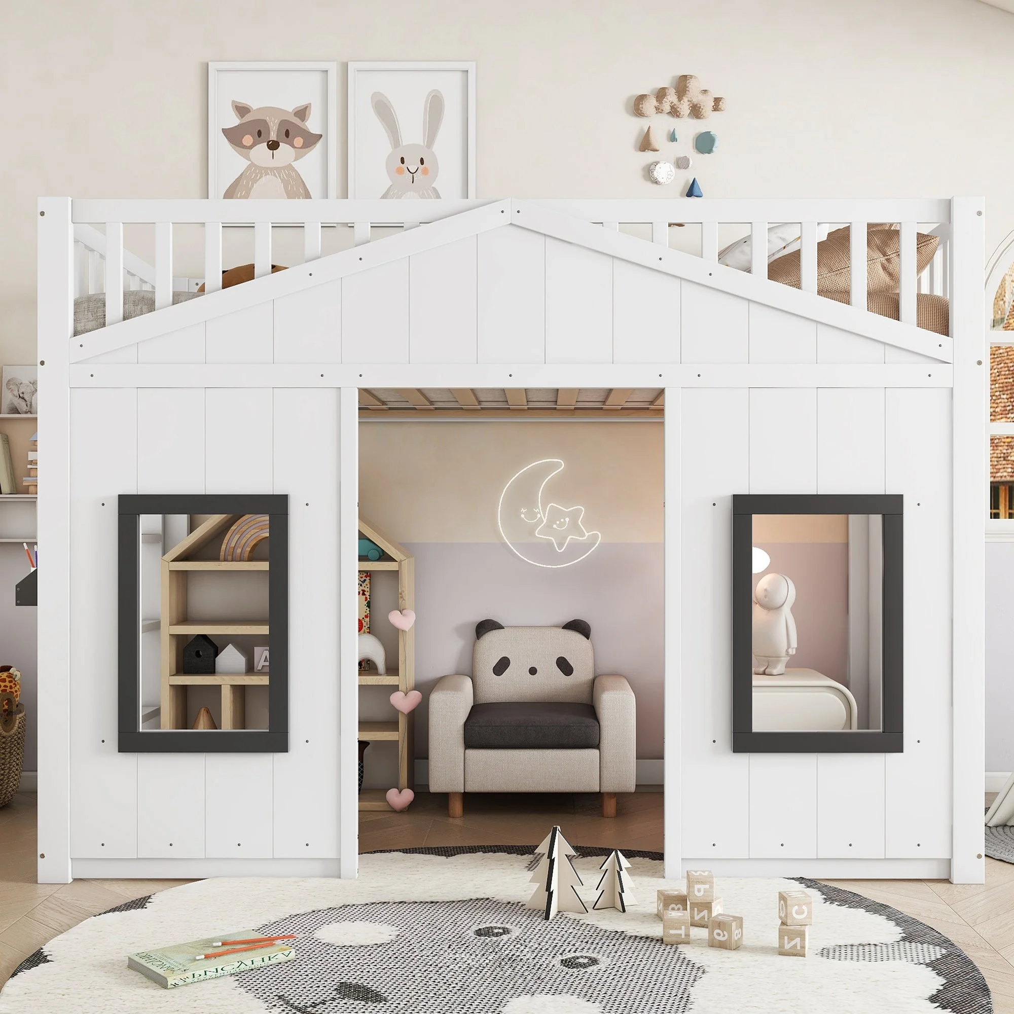 House Bunk Bed 90x200cm, Stairs Railing Window Storage, Pine+MDF White - Image 2