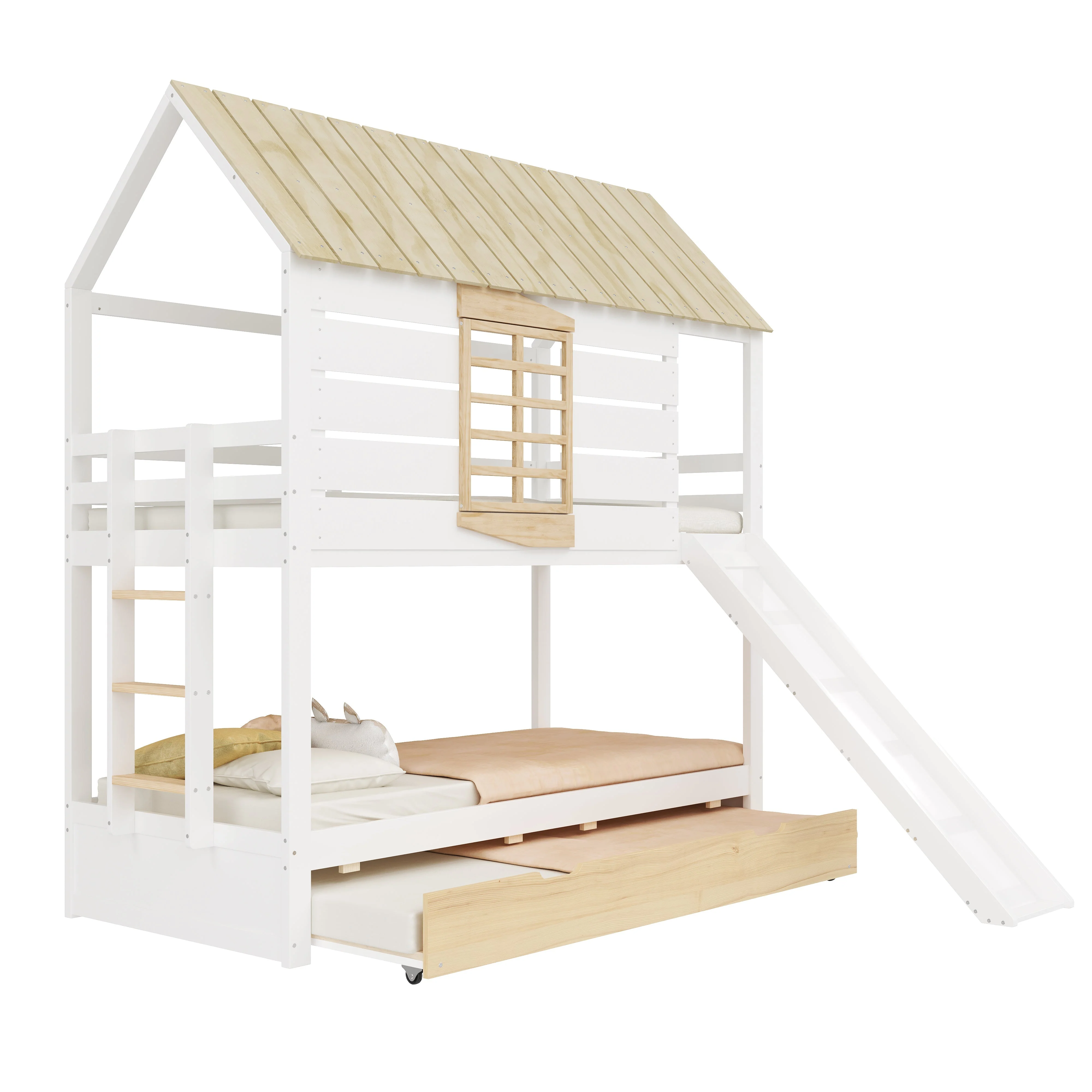 House-Shaped Bunk Bed with Slide and Pull-Out Bed, 90x200, White and Natural Pine - Image 5