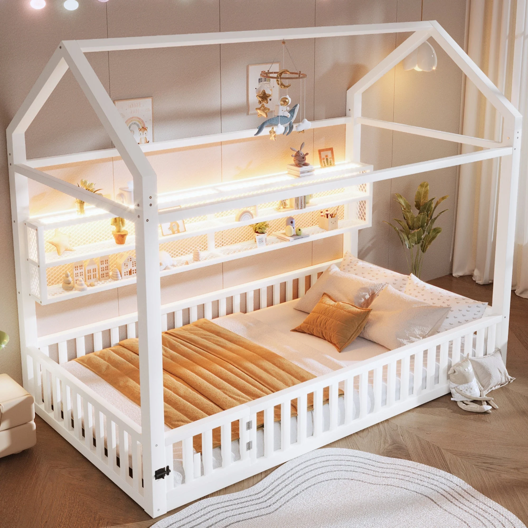 House-Shaped Platform Bed with Fence and LED Lighting, 90x200cm, White Metal - Image 3