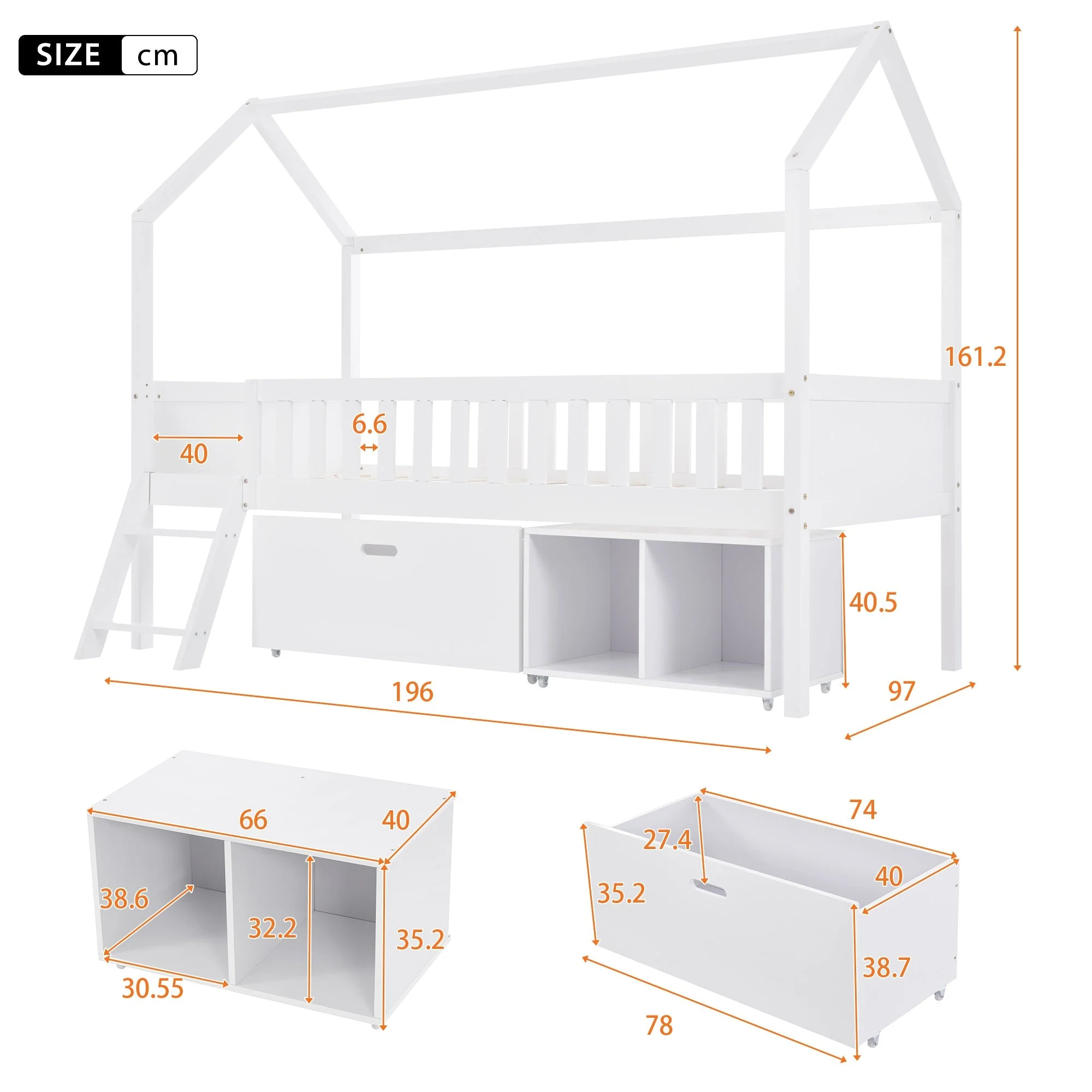 Household Bed, Children's Teen Bed, 90x190cm with Drawers, Storage, Anti-Fall Railings, White - Image 7